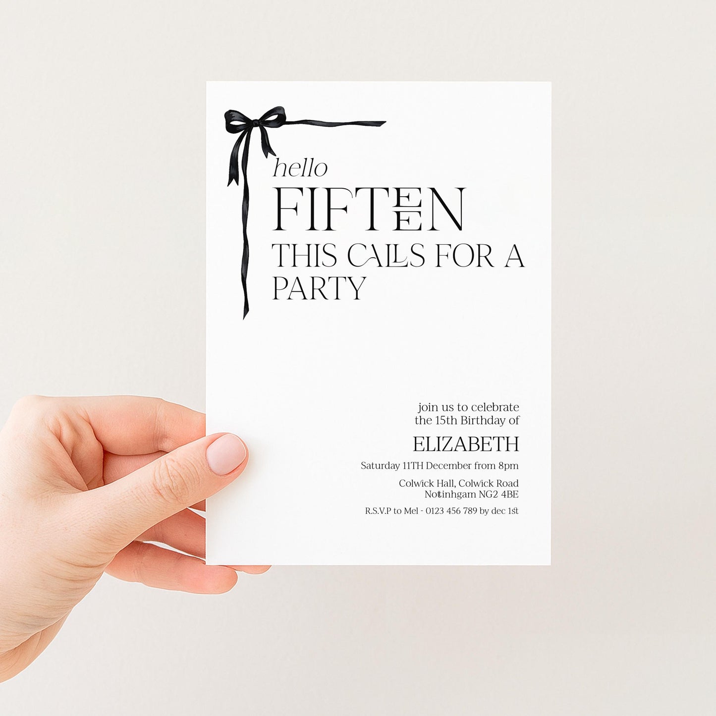 15th Birthday Invitation Girl, Hello Fifteen Party Invite, Printable Bow Birthday Invite, Editable Corjl Template