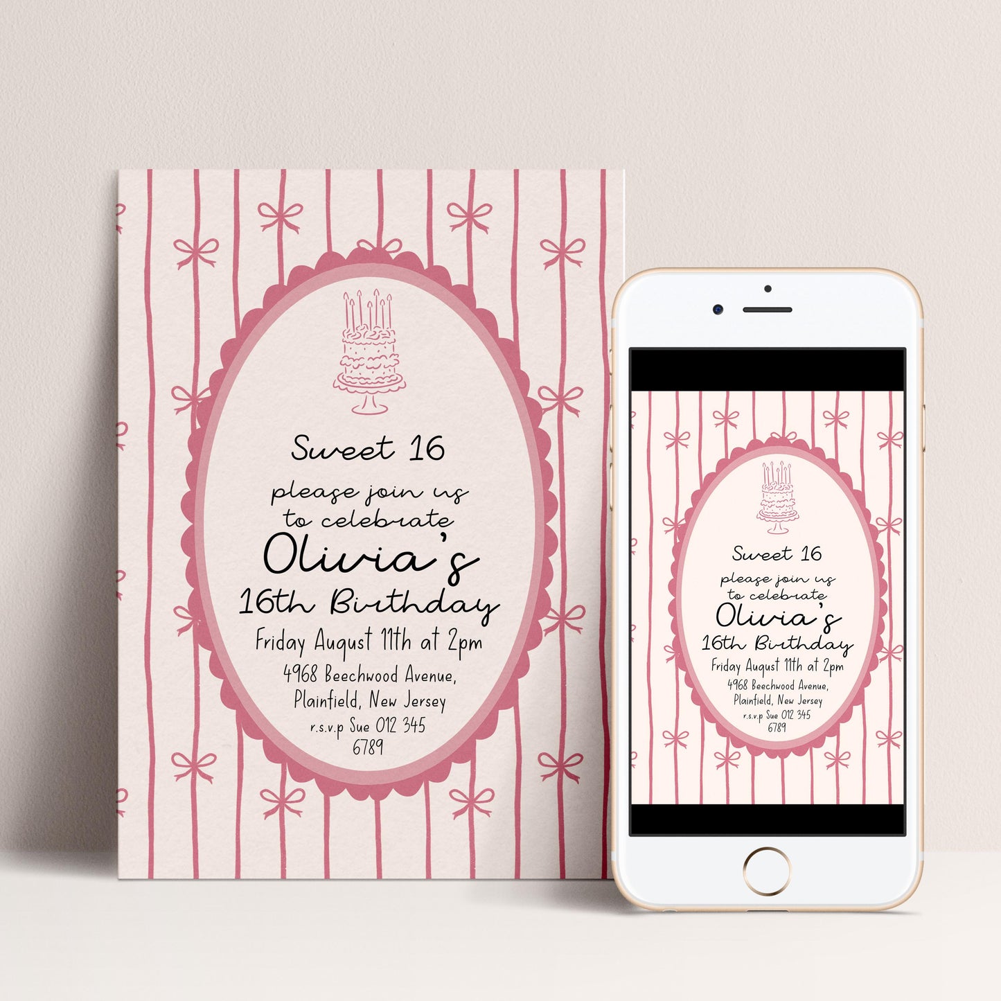 16th Birthday Invitation, Pink Bow Invite, Sweet 16 Coquette Birthday Party Invite, Pink Ribbon, Elegant Girls Party Printable Template