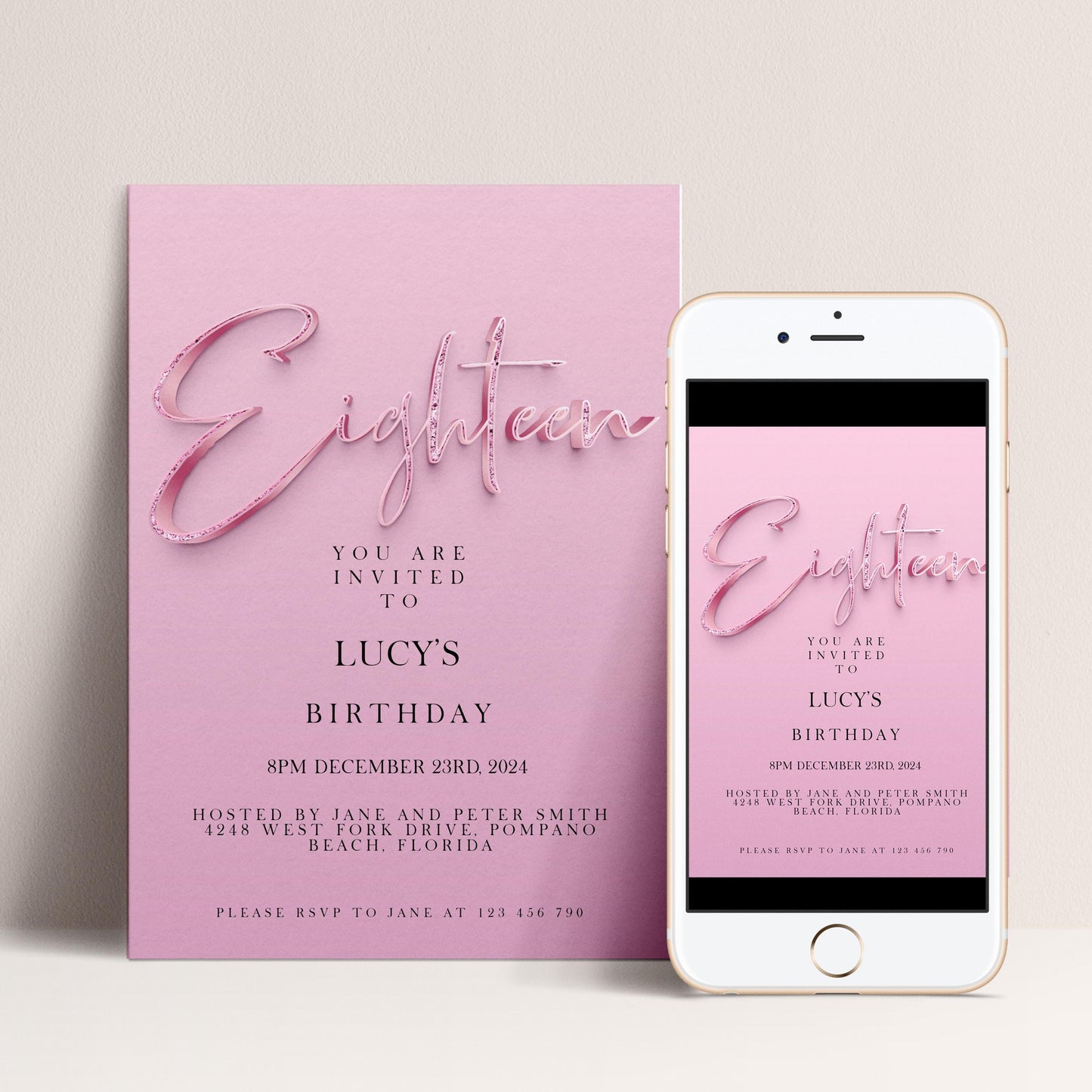18th Birthday Invitation Editable invite Pink Sparkly invitation Simple Elegant For Her Instant Download Printable SPK