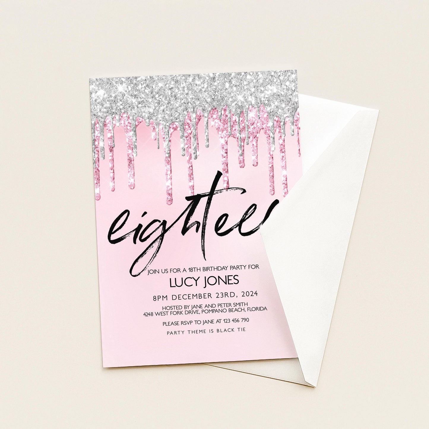 The image is a pink invitation card for a birthday party for Lucy Jones, inviting guests to a party on December 23rd, 2014 at 7PM at the Hosted by Jane and Peter at 2248 Westport Beach, Florida. The invitation card is white and has a pink background with silver glitter and pink dripping text.