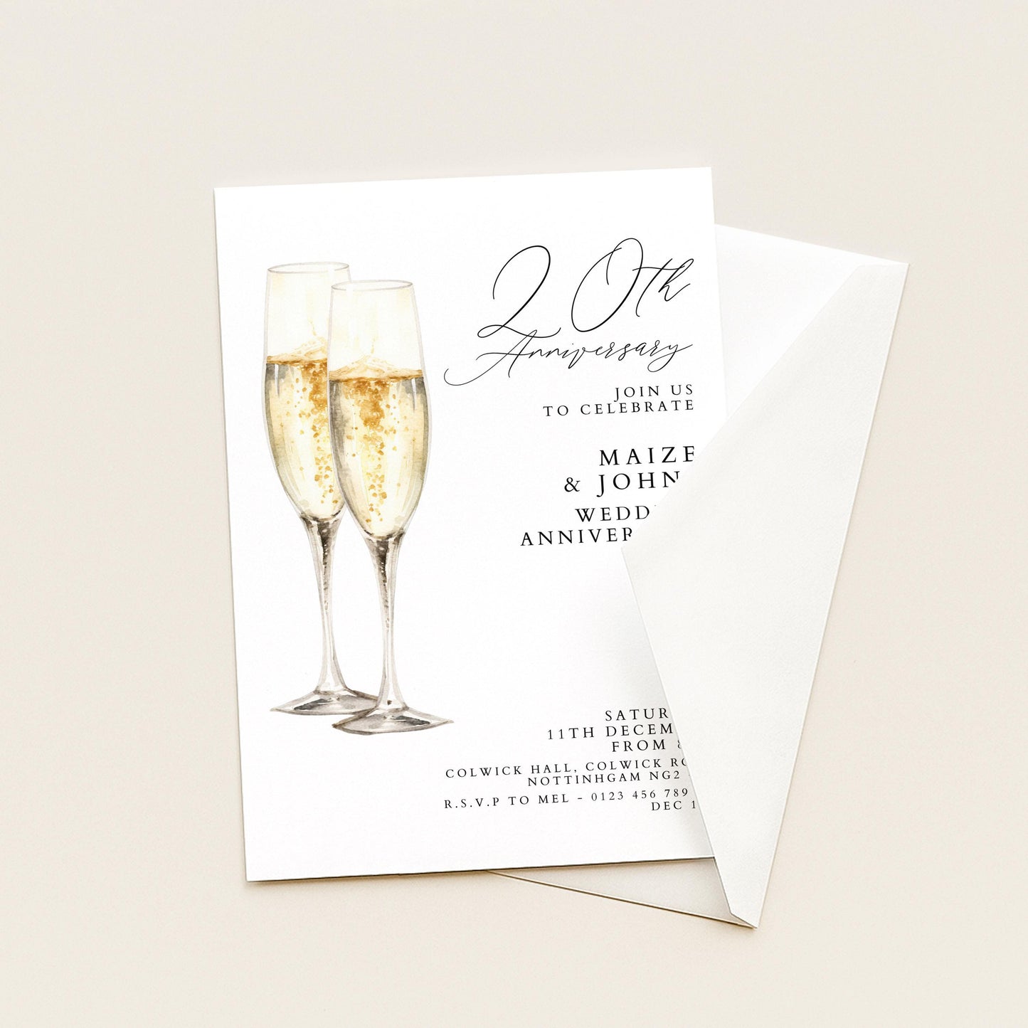 20th Wedding Anniversary Invitation, 20 Year Anniversary Party Invite, Elegant Champagne Anniversary Invitation