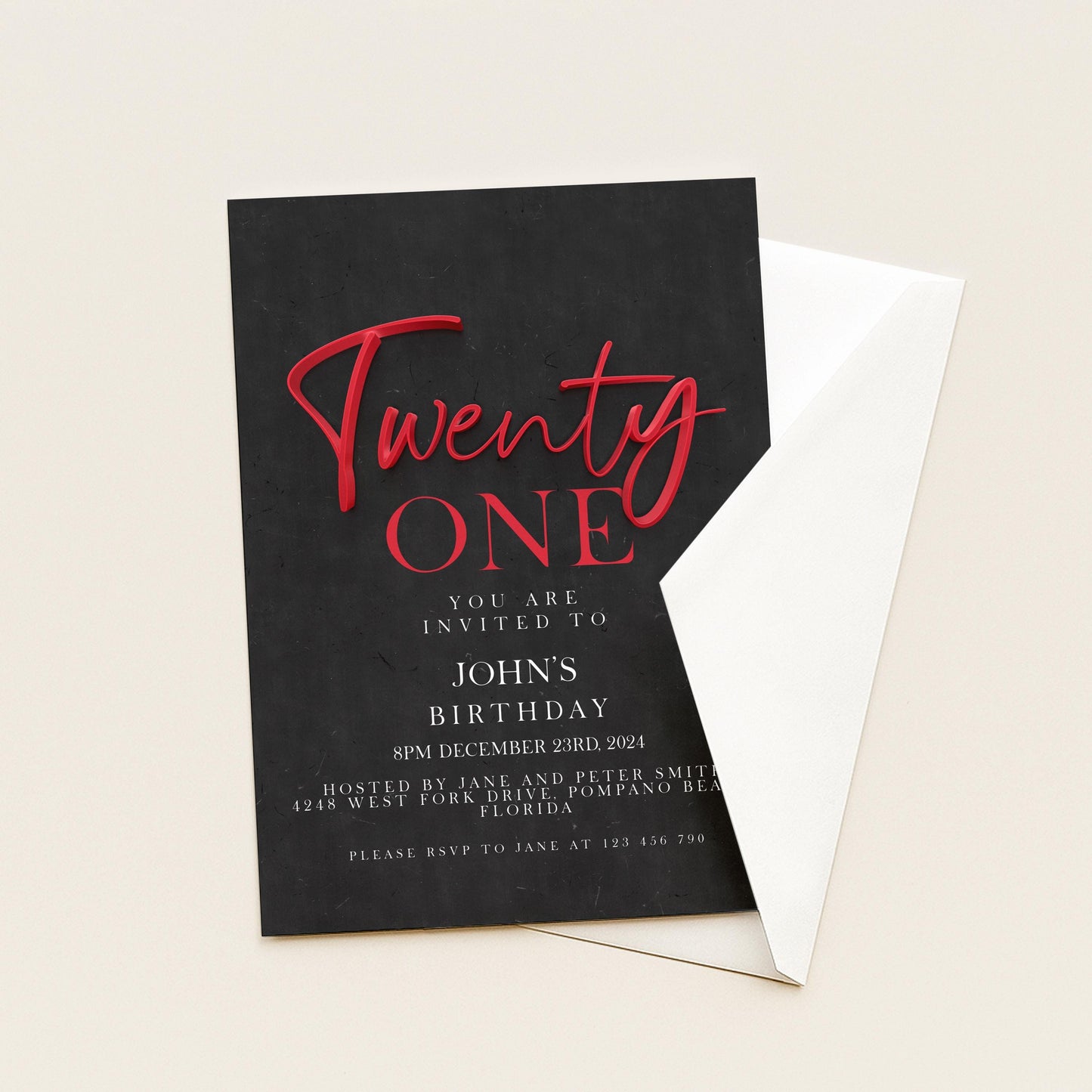 21st Birthday Invitation Red Black Theme, Elegant Party Invite for Her, Bold 21st Birthday, Adult Celebration Editable Template SE19