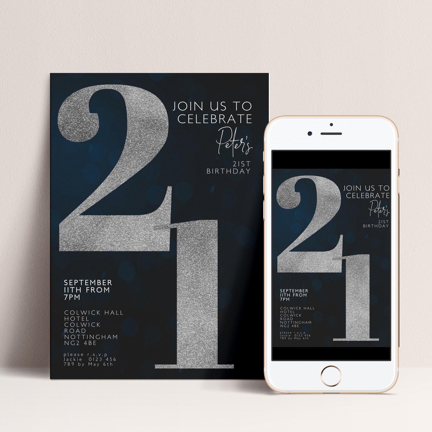 21st Birthday Invitation for Men Black Silver Editable Twenty One For Him Boys Men Template Corjl Instant Download