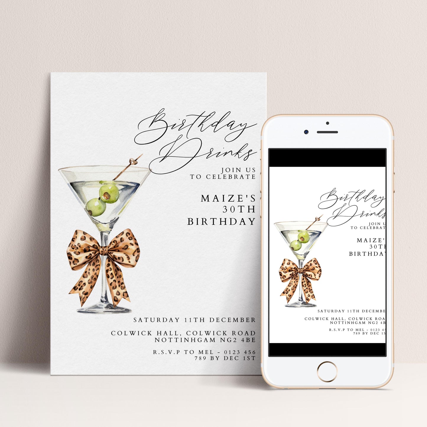 30th Birthday Drinks Invitation, Martini Party Invite, Leopard Bow Birthday Invite, Glam 30th Birthday Party, Editable Corjl