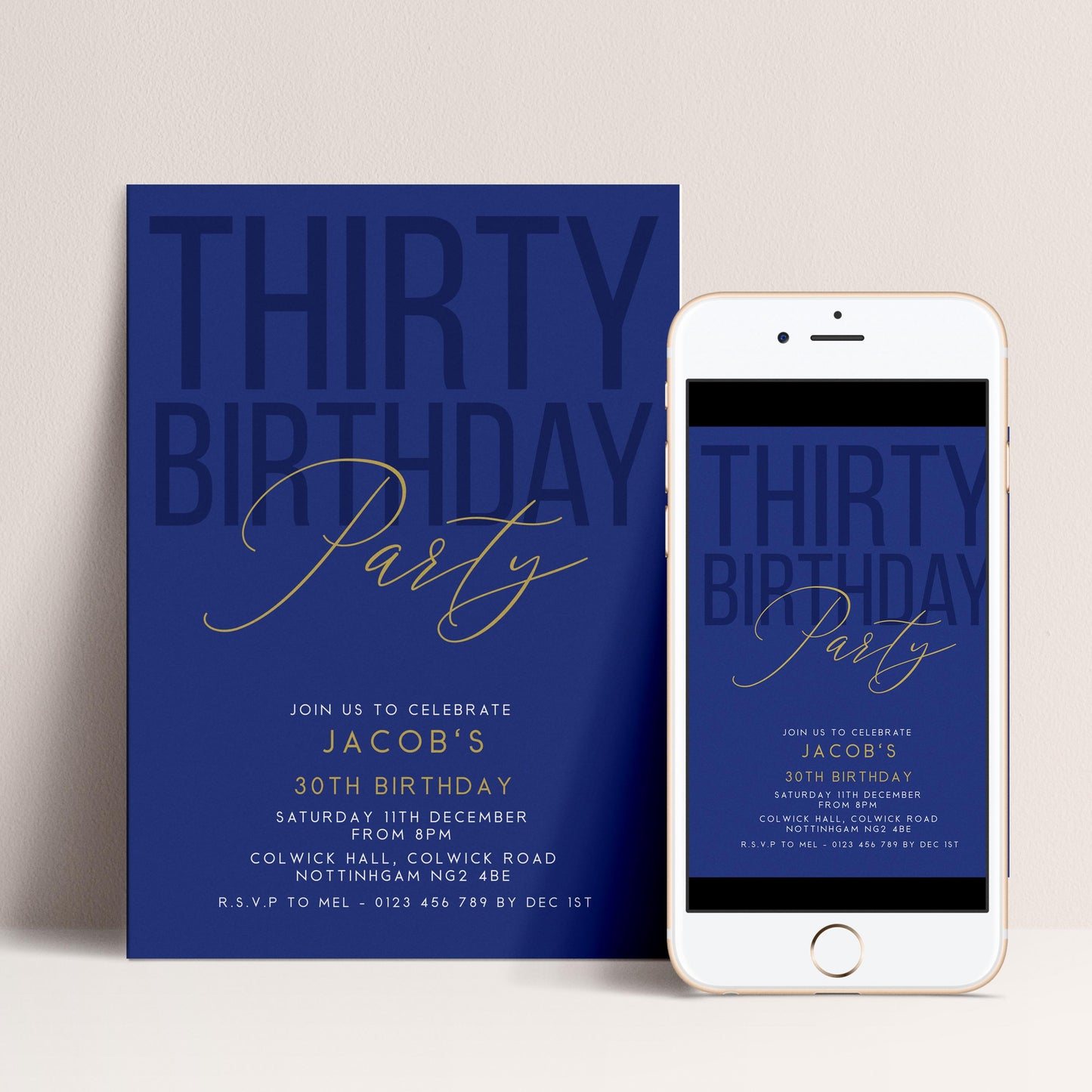 30th Birthday Invitation, Editable Navy Gold Thirty Party Invite, Mens Womens Adult Invitation Template, 30th Birthday Printable Template
