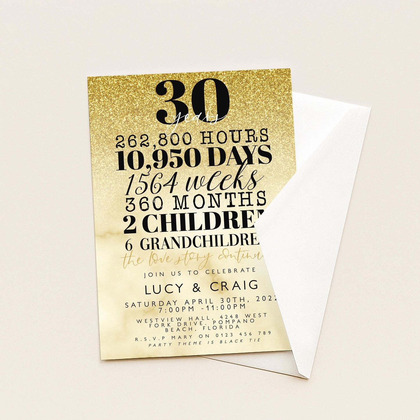 30th Wedding Anniversary Invitation Gold Glitter, 30 Years Married Party Invite, Elegant Milestone Celebration, Editable Template