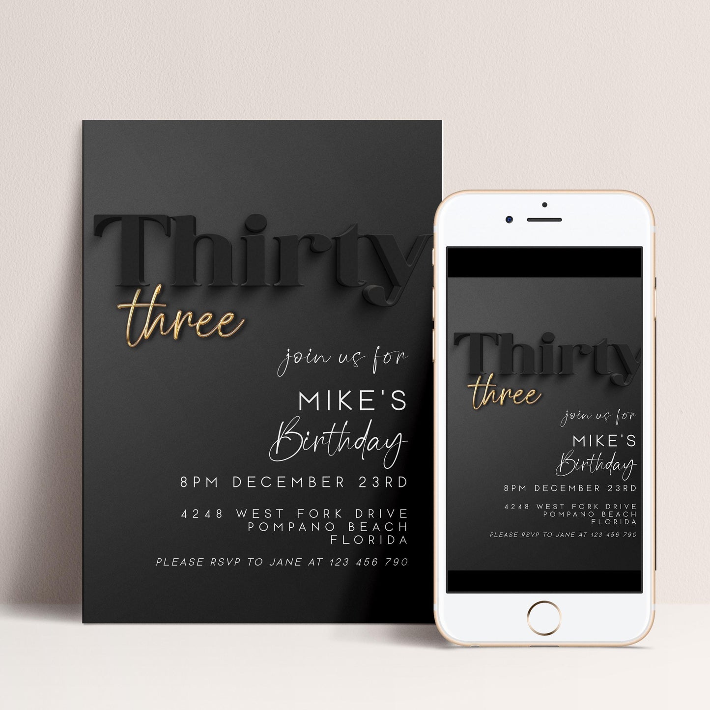 Editable 33rd Birthday Invitation – Black and Gold Party Invite for Him – Modern Printable Template – Instant Digital Download BG78