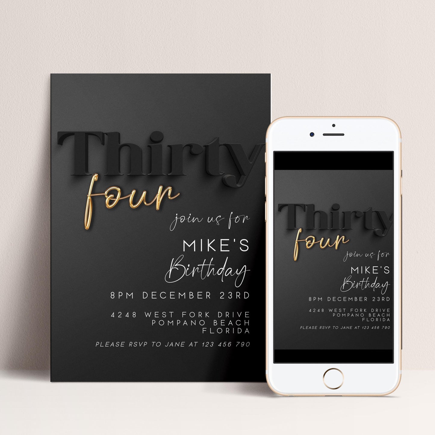 Editable 34th Birthday Invitation – Elegant Black and Gold Digital Party Invite for Him – Instant Download – Customizable Template BG78