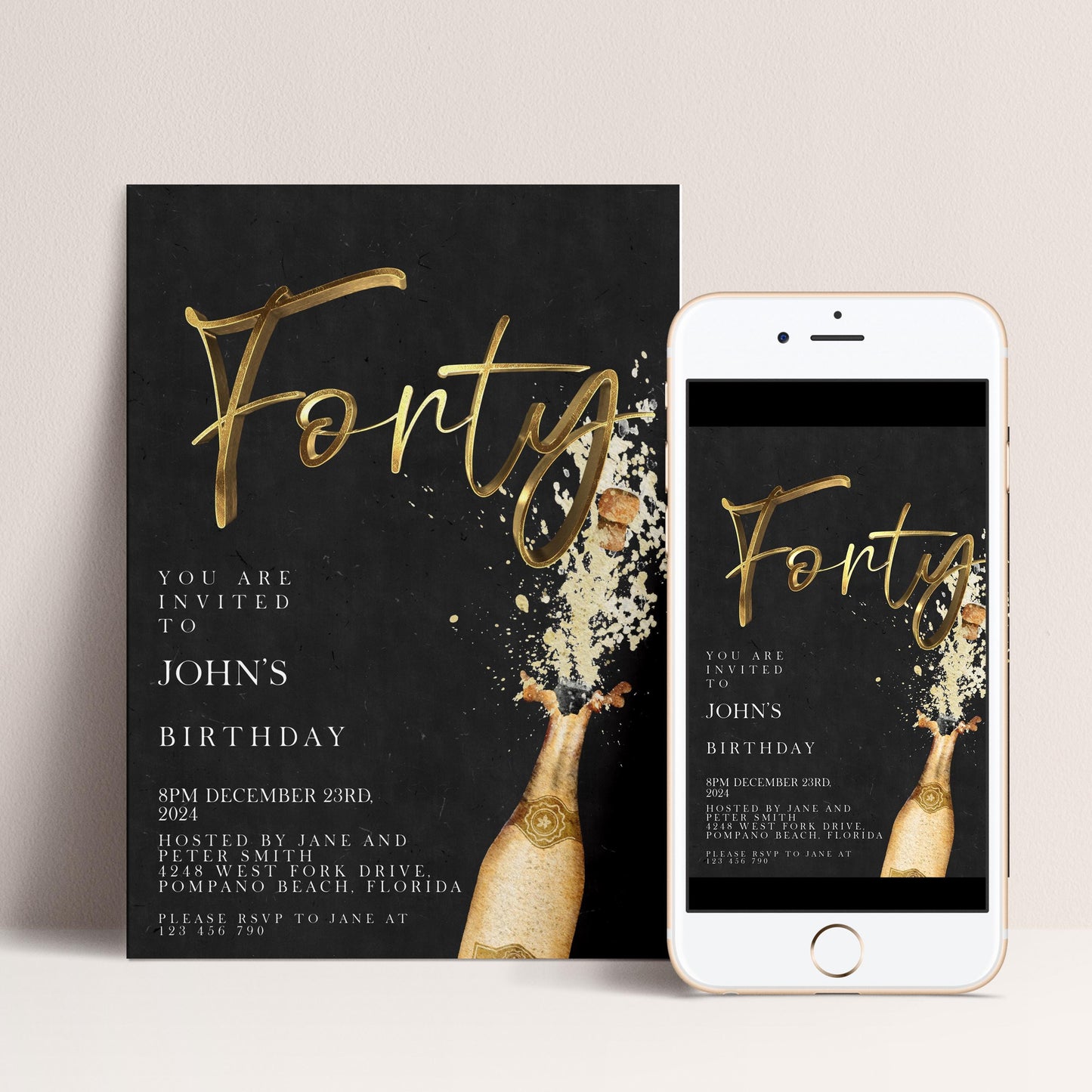 The image is a birthday invitation for John's 40th birthday, featuring a black background with gold text and champagne bottle graphics.