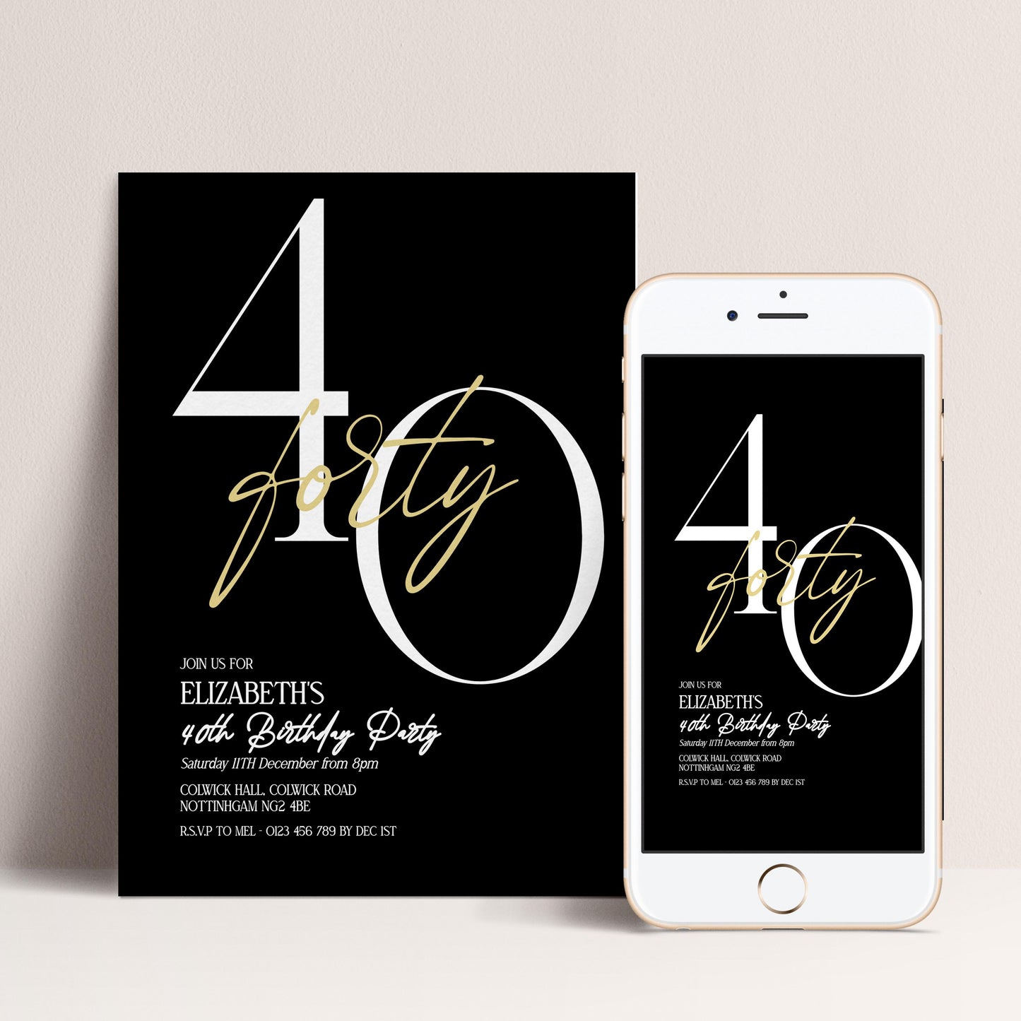 40th Birthday Invitation Woman, Black Gold Milestone Birthday Invite, Elegant 40 Party Invite, Modern Editable Corjl Template