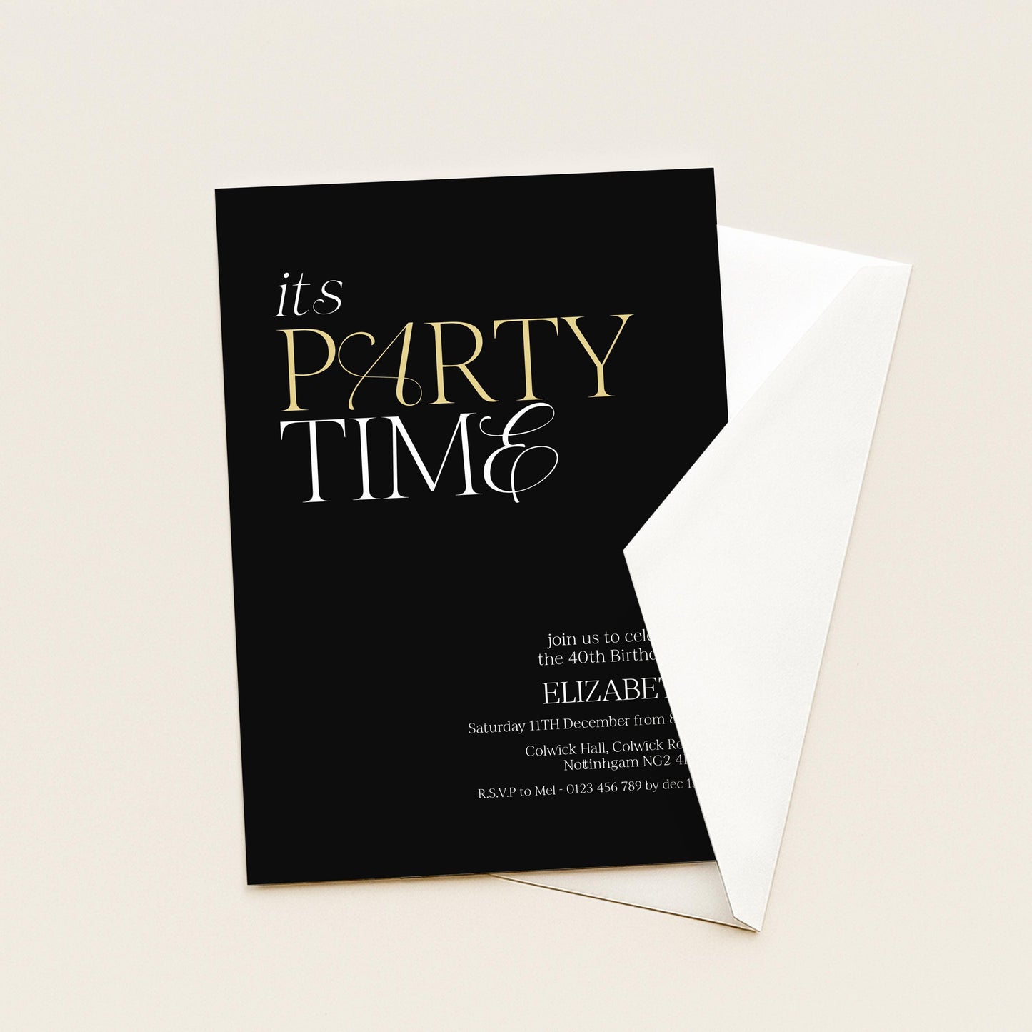 40th Birthday Invitation Woman, It’s Party Time Invite, Black Gold Birthday Invite, Modern Editable Corjl Template