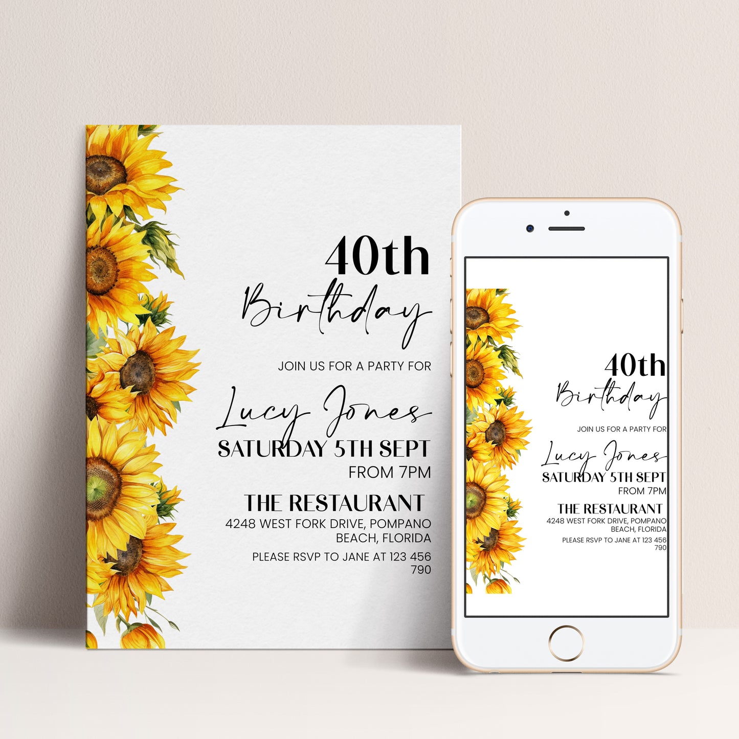 40th Birthday Invitation Sunflower | Editable Digital Download Template | Printable Party Invite