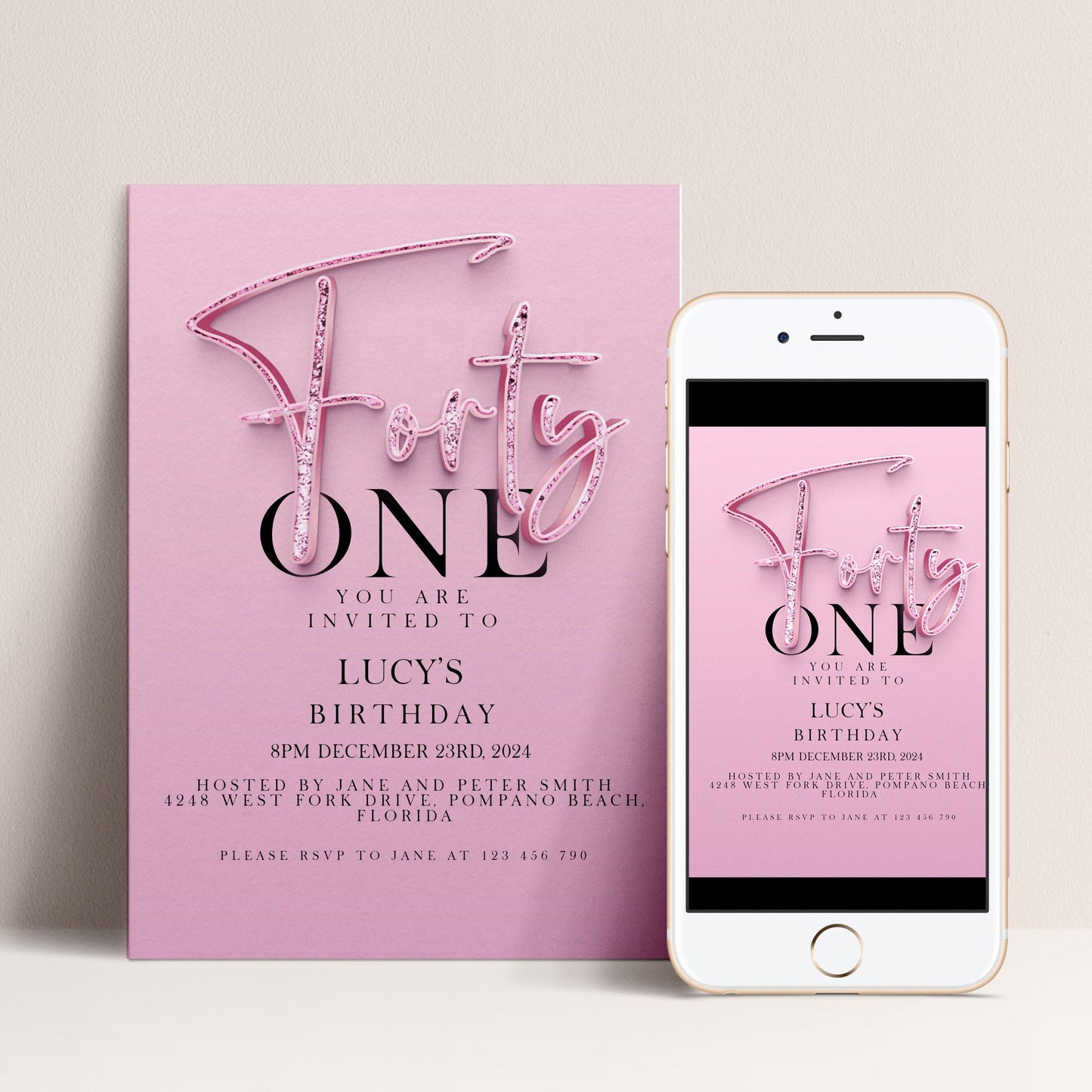 41st Birthday Invitation Editable invite Pink Sparkly invitation Simple Elegant For Her Instant Download Printable SPK