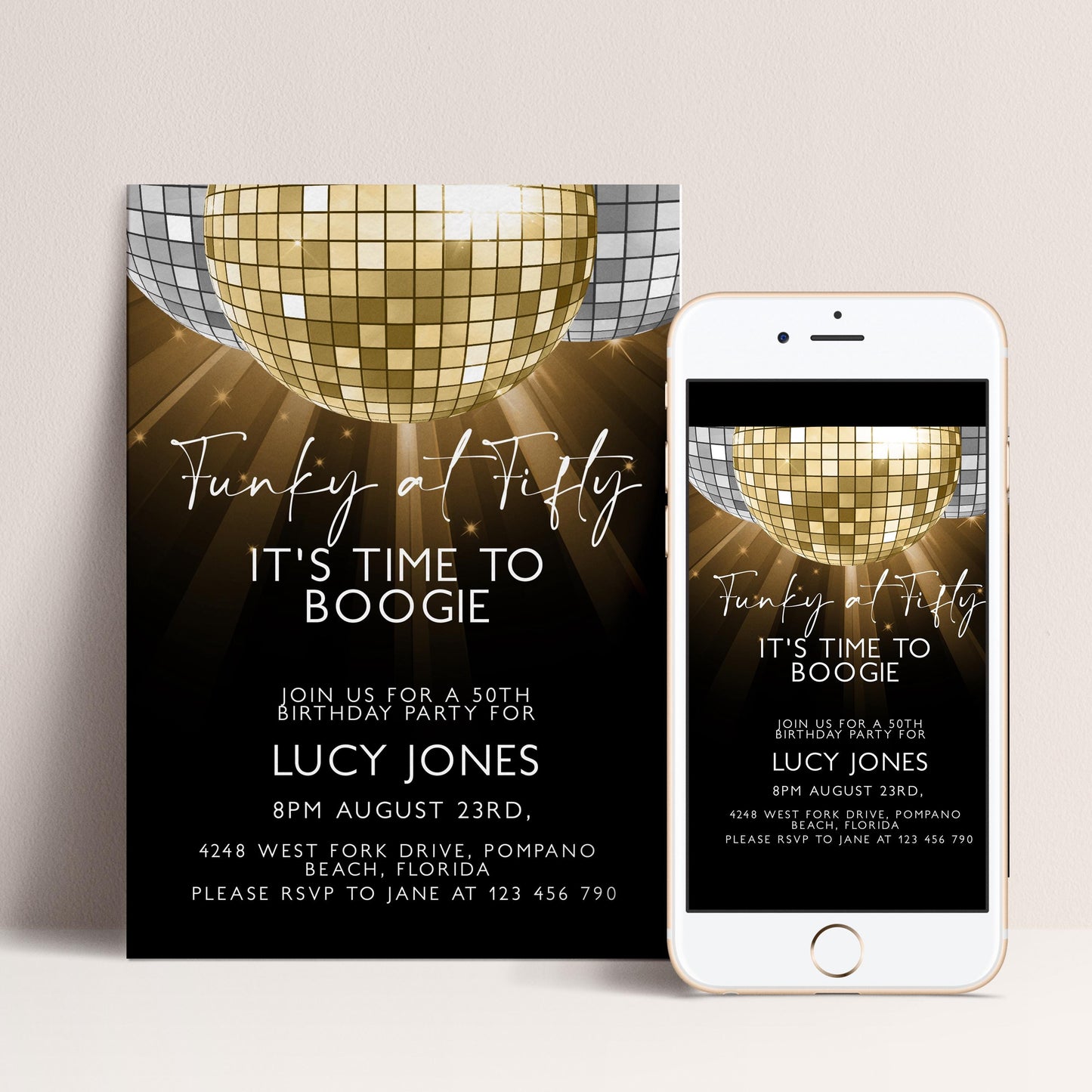50th Birthday Invitation Disco Theme Editable Funky at Fifty Party Invite Retro Gold Mirror Ball Printable Digital Corjl Template