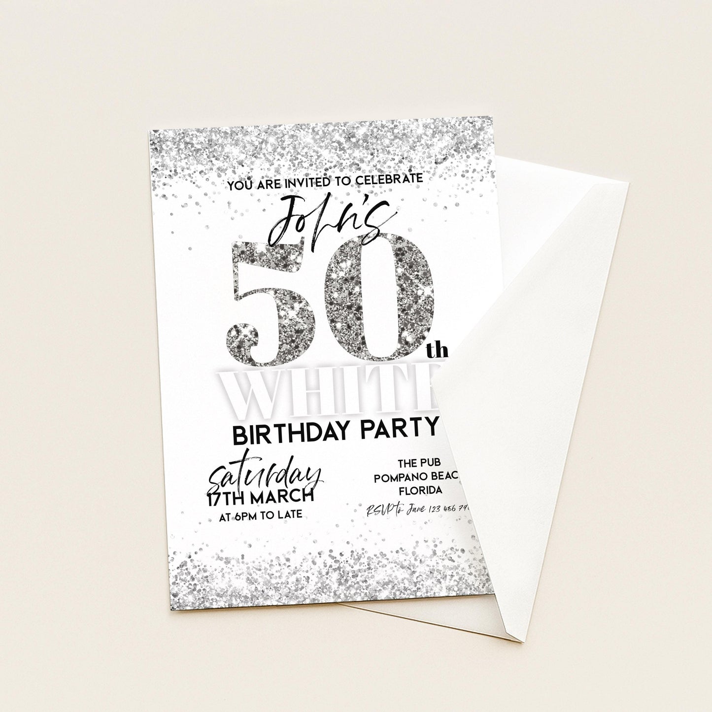 50th Birthday Invitation White Silver Glitter, Elegant Party Invite for Her, Milestone Birthday Celebration, Editable Template
