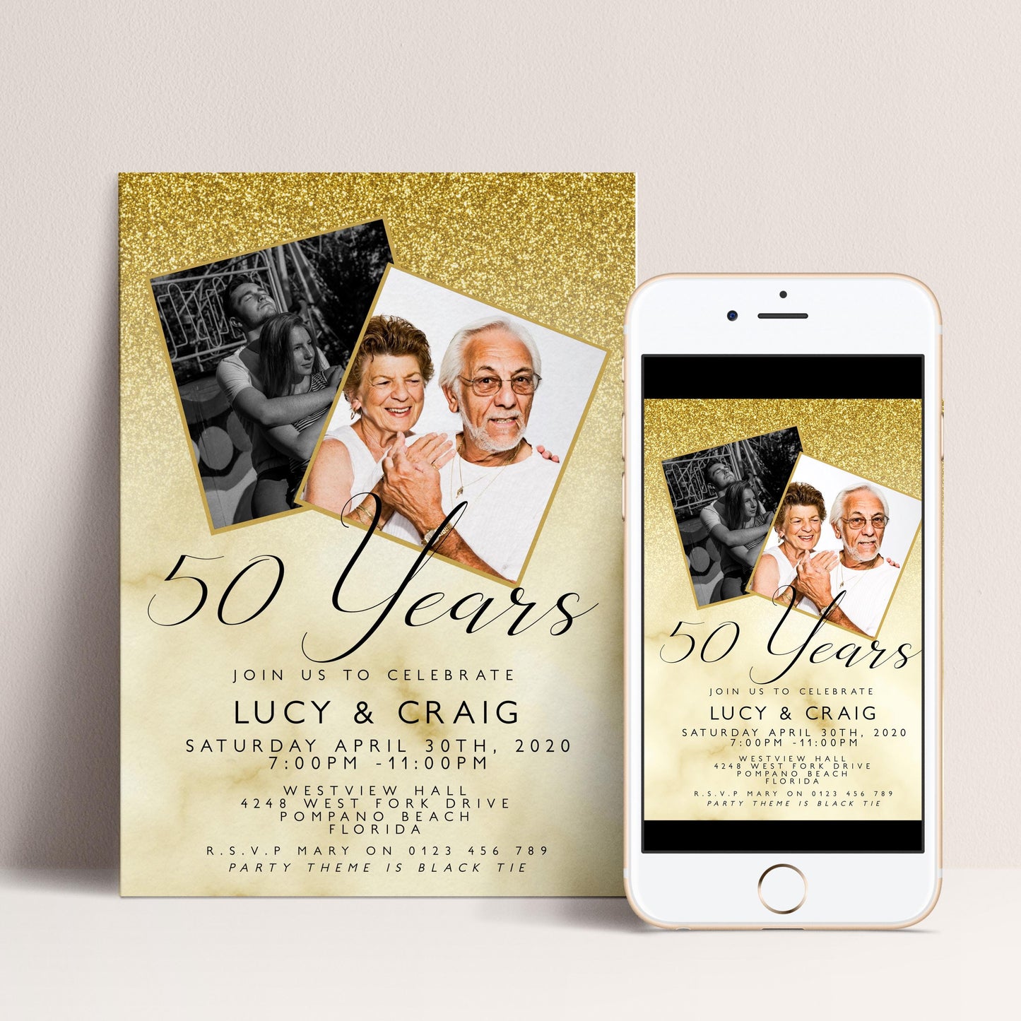 50th Wedding Anniversary Party Invitation Editable Add Your Own Photos Glitter Marble Golden Invitation 50 Years Instant Download