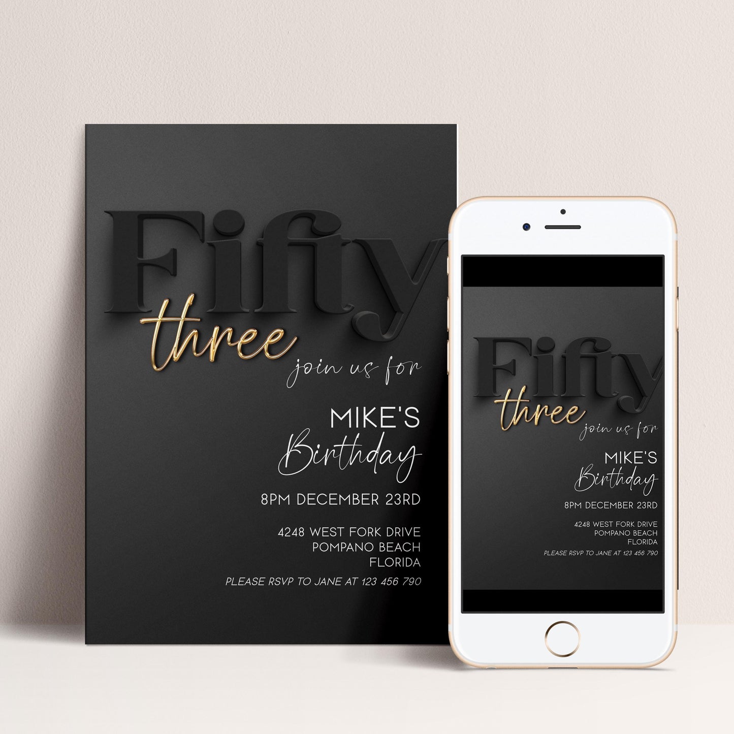 Editable 53rd Birthday Invitation Black and Gold, Modern Fifty Three Invite, Corjl Template, Elegant Birthday Party Invitation BG78