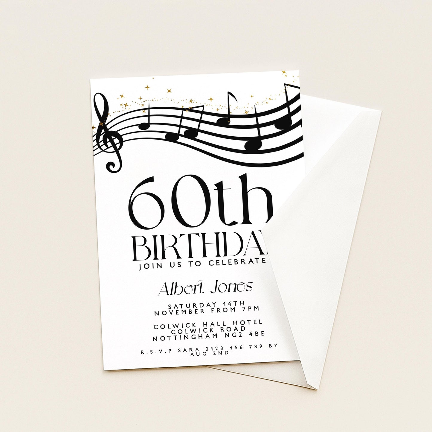 60th Birthday Invitation with Musical Notes, Black and Gold Editable Invite for Men Women Corjl Template, Music Theme Party Digital Download