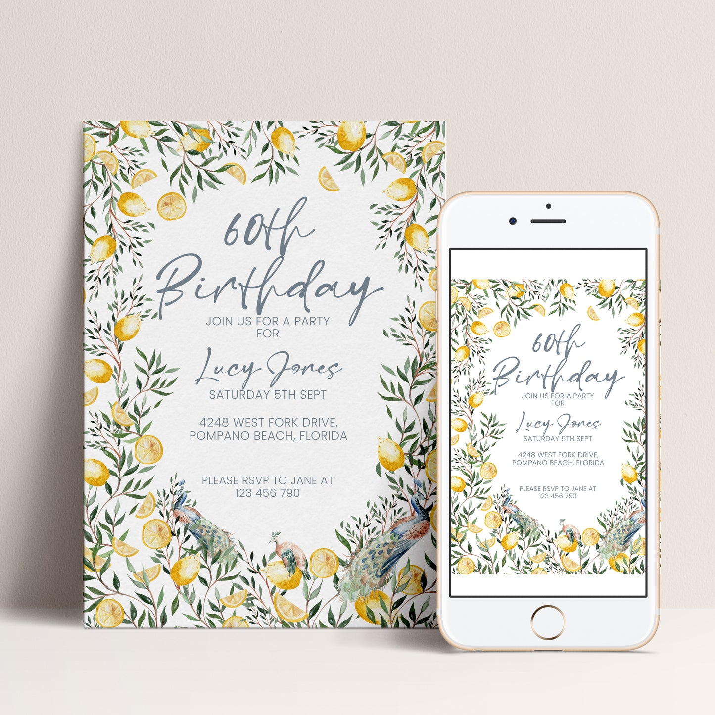 60th Birthday Invitation Lemon and Peacock | Editable Digital Download Template | Printable Garden Party Invite