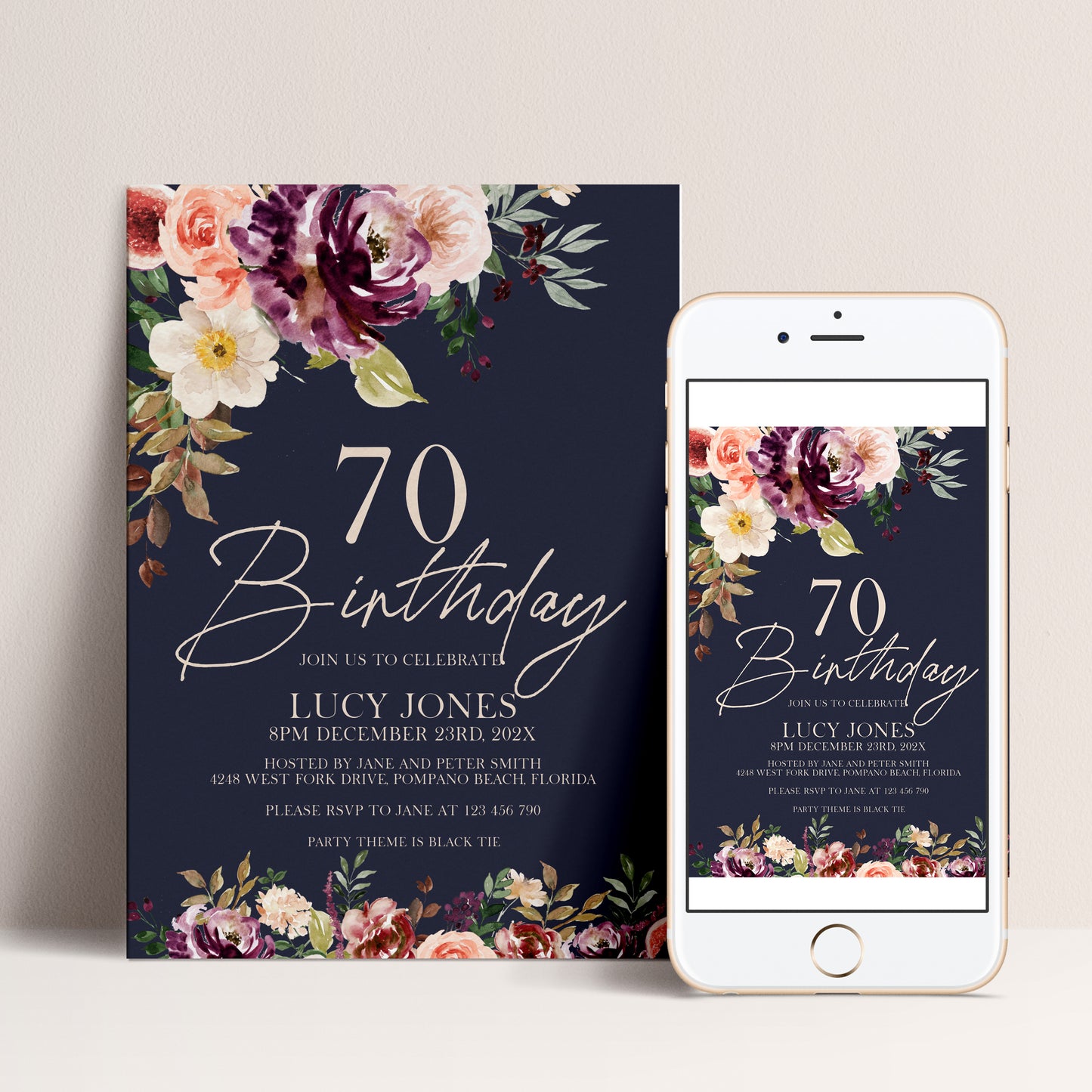 70th Birthday Invitation Navy Floral | Editable Digital Download Template | Printable Party Invite