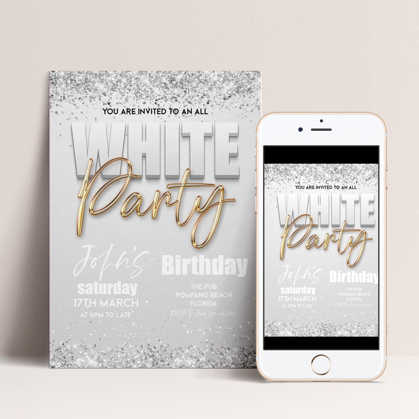 All White Party Invitation Bling Bling All White Birthday Bash White Gold Glitter Party Editable Download