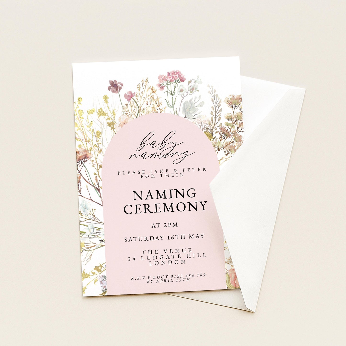 Baby Naming Ceremony Invitation Floral Neutral, Modern Naming Day Invite, Baby Shower Alternative, Editable Template