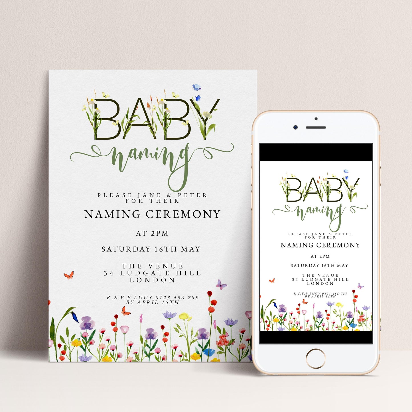 Baby Naming Ceremony Invitation Editable Watercolor Meadow Flowers Printable Naming Day Digital Template for Baby Girl Boy Digital Download