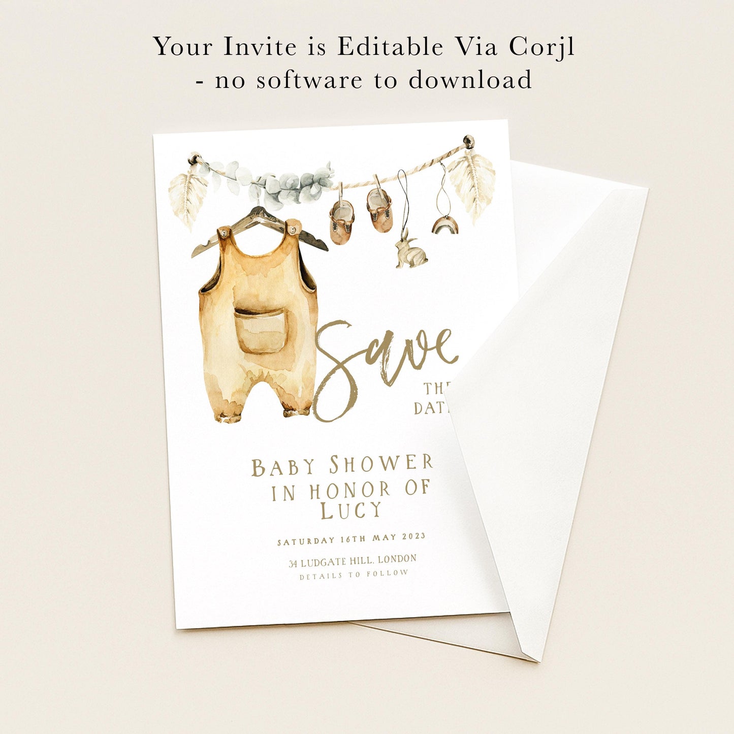 The image is a baby shower invitation card with a watercolor illustration of baby clothes and accessories, along with text providing details about the event.