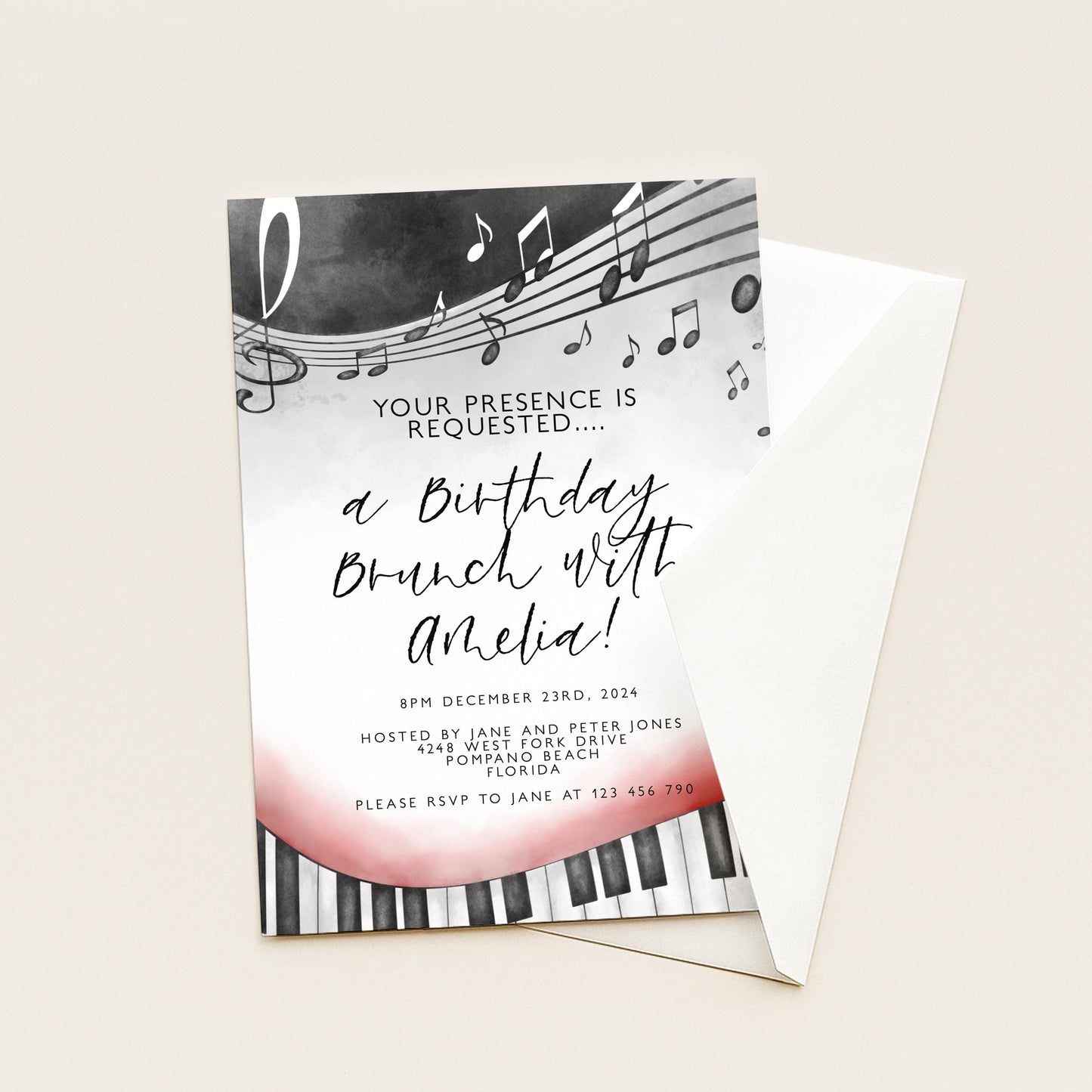 Birthday Brunch Invitation Music Notes Piano Keys Editable Printable Invitation Instant Download Editable Template Corjl