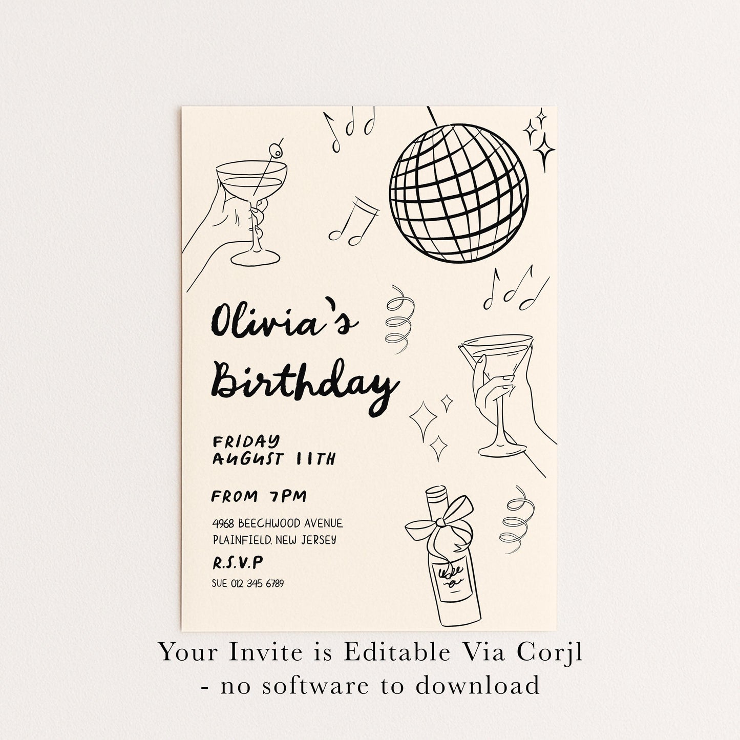 The image is a birthday party invitation featuring a disco ball, a hand holding a drink, and various party-related elements such as a bottle and a champagne glass.