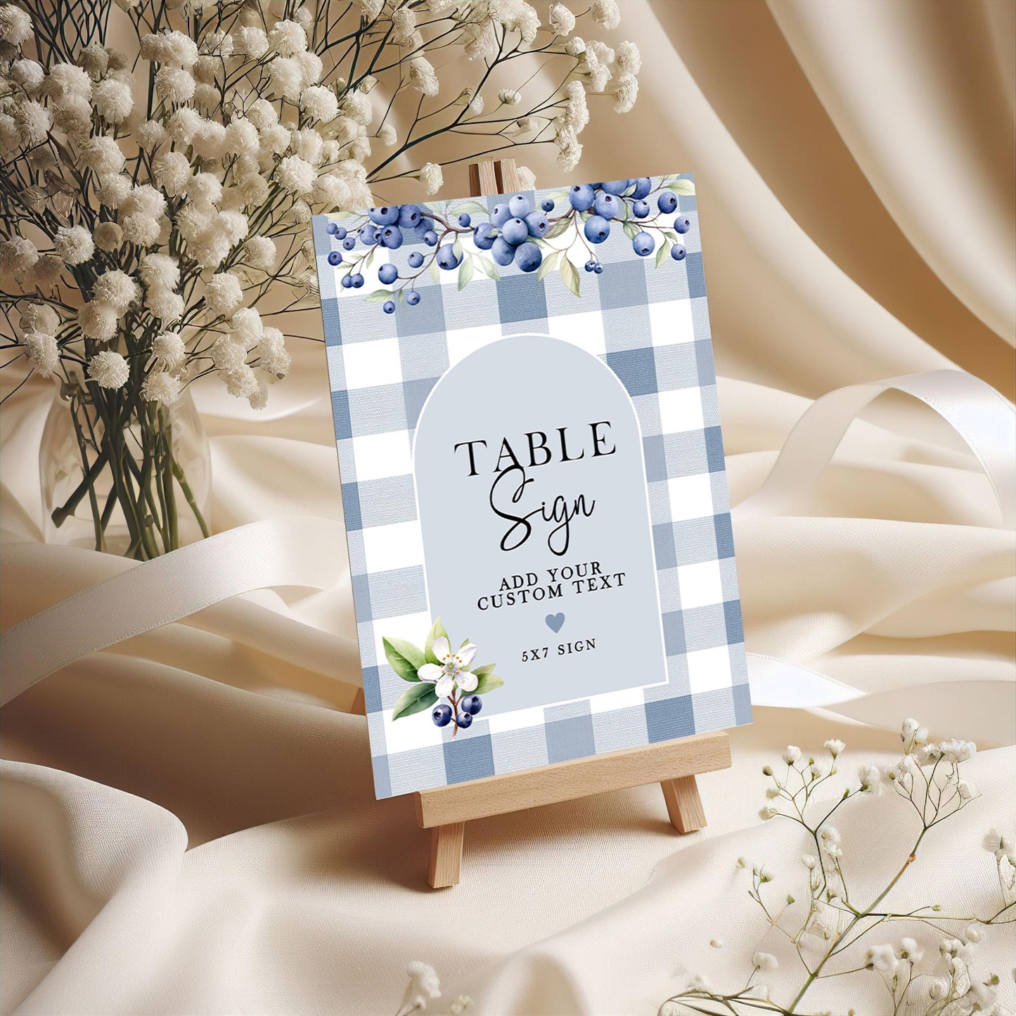 Blueberry Gingham Table Sign, Editable Table Sign Template, 5x7 & 8x10, Printable Table Decor, Blue Berry Wedding Sign – Corjl Template BL21