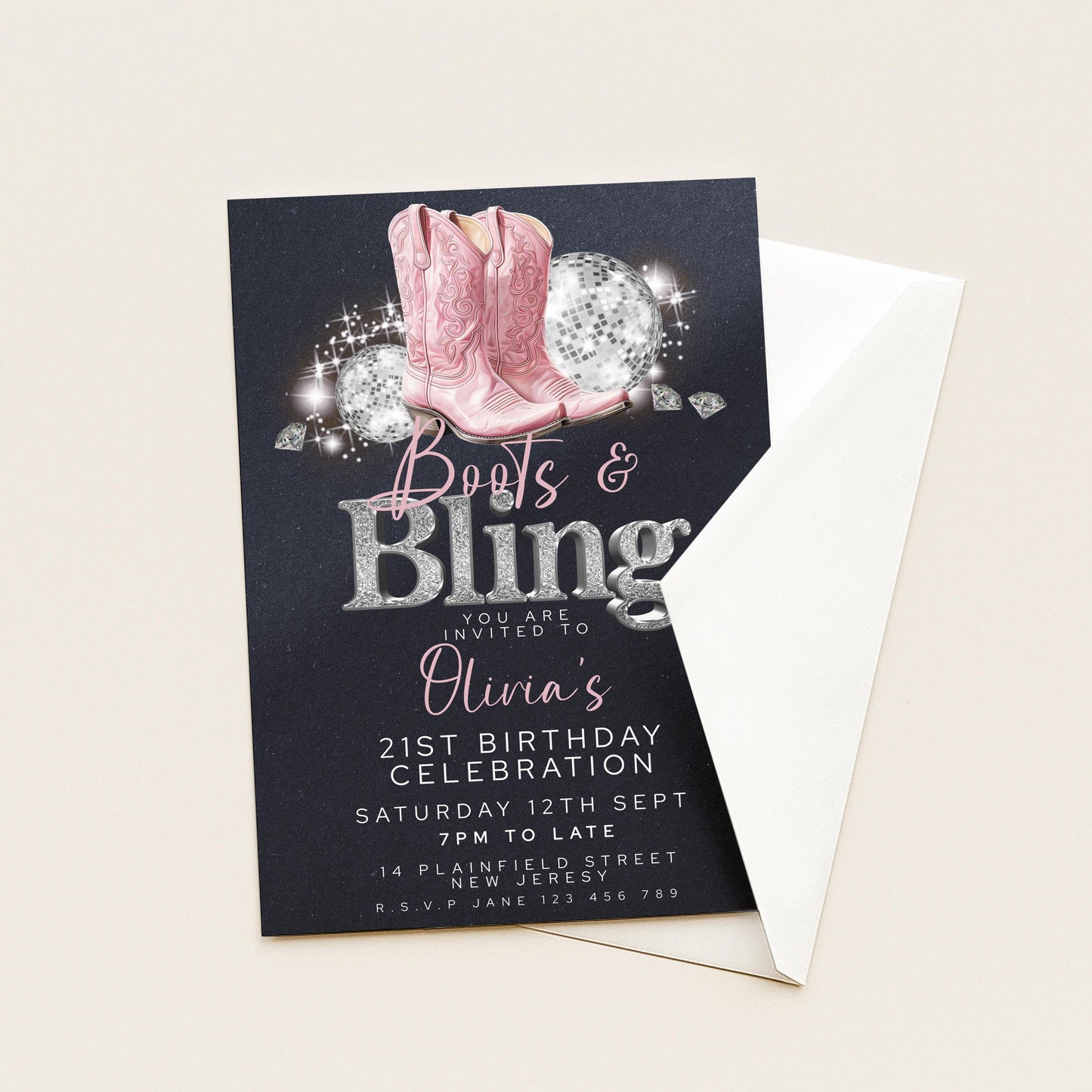 Boots and Bling 21st Birthday Invitation for Her Editable Corjl Template Cowgirl Disco Party Invite Pink Glitter Western Theme Printable