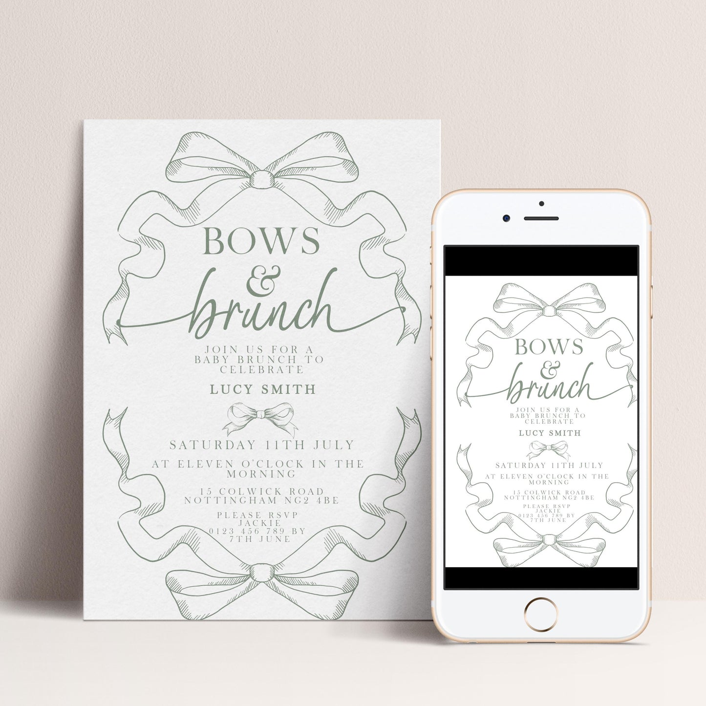 Bows and Brunch Baby Shower Invitation, Editable Green Brunch Invite, Baby Brunch Template for Girls, Printable Corjl Download PT20