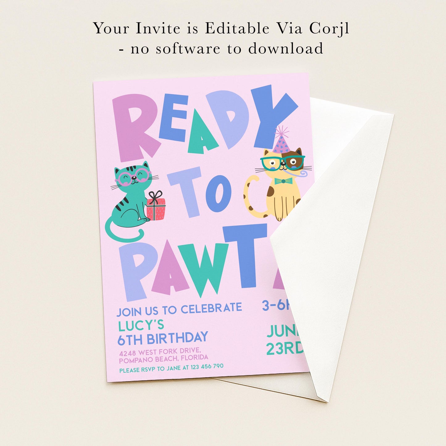 The image is a birthday party invitation featuring colorful cat illustrations and text.