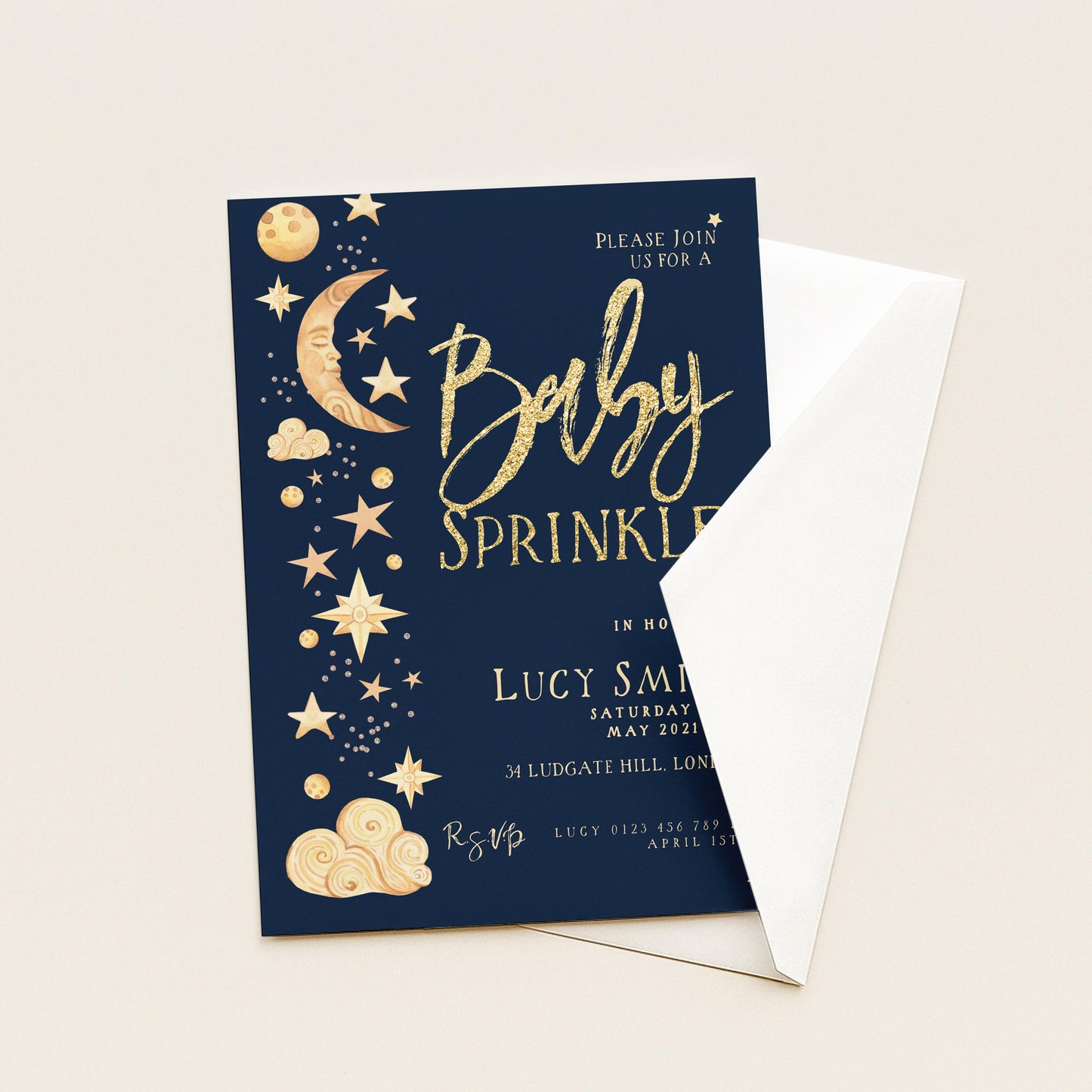 Celestial Baby Sprinkle Invitation Download – Navy and Gold Moon & Stars Editable Digital Baby Shower Invite Template CL09