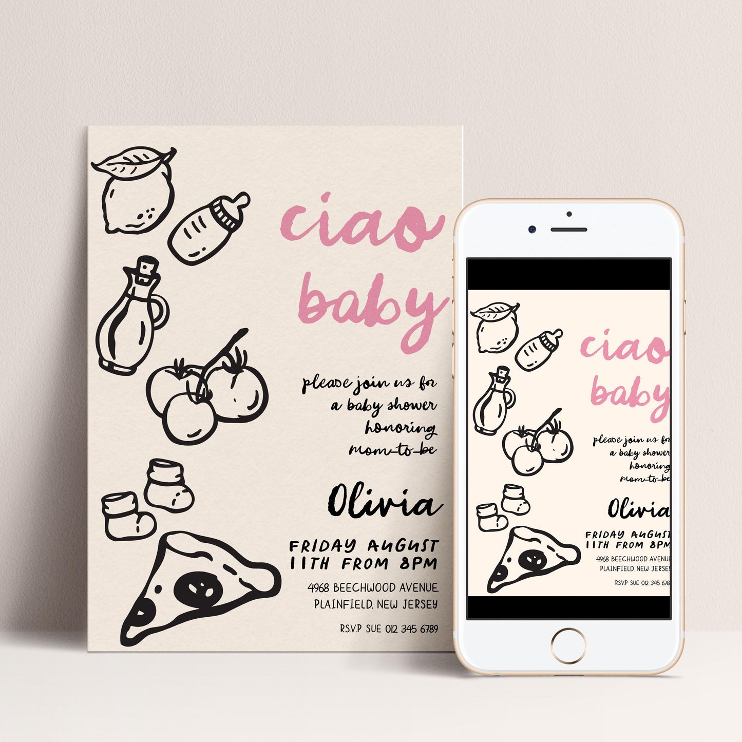 The image is a baby shower invitation featuring a playful and whimsical design with various baby-related items such as bottles, a baby bottle, and a slice of pizza.