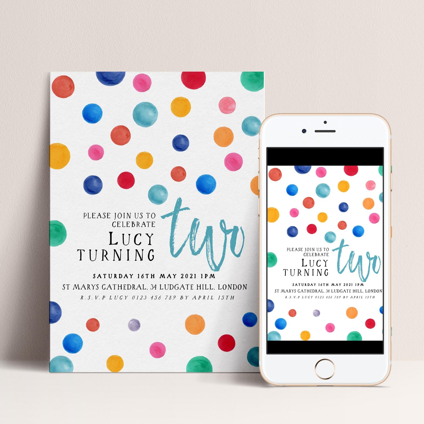 Colorful Polka Dot Birthday Invitation, Fun Modern Party Invite, Kids or Adult Celebration, Bright Editable Template DTS8