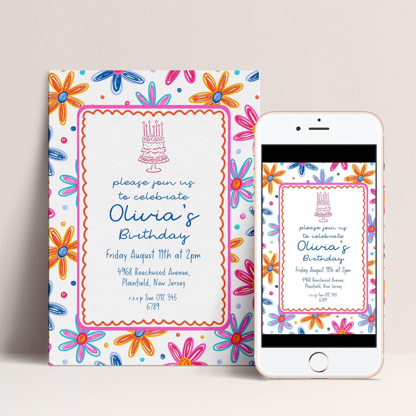 Colourful Flower Birthday Invitation, Doodle Daisy Birthday Party Invite, Fun Floral Birthday Invitation, Editable Printable Template