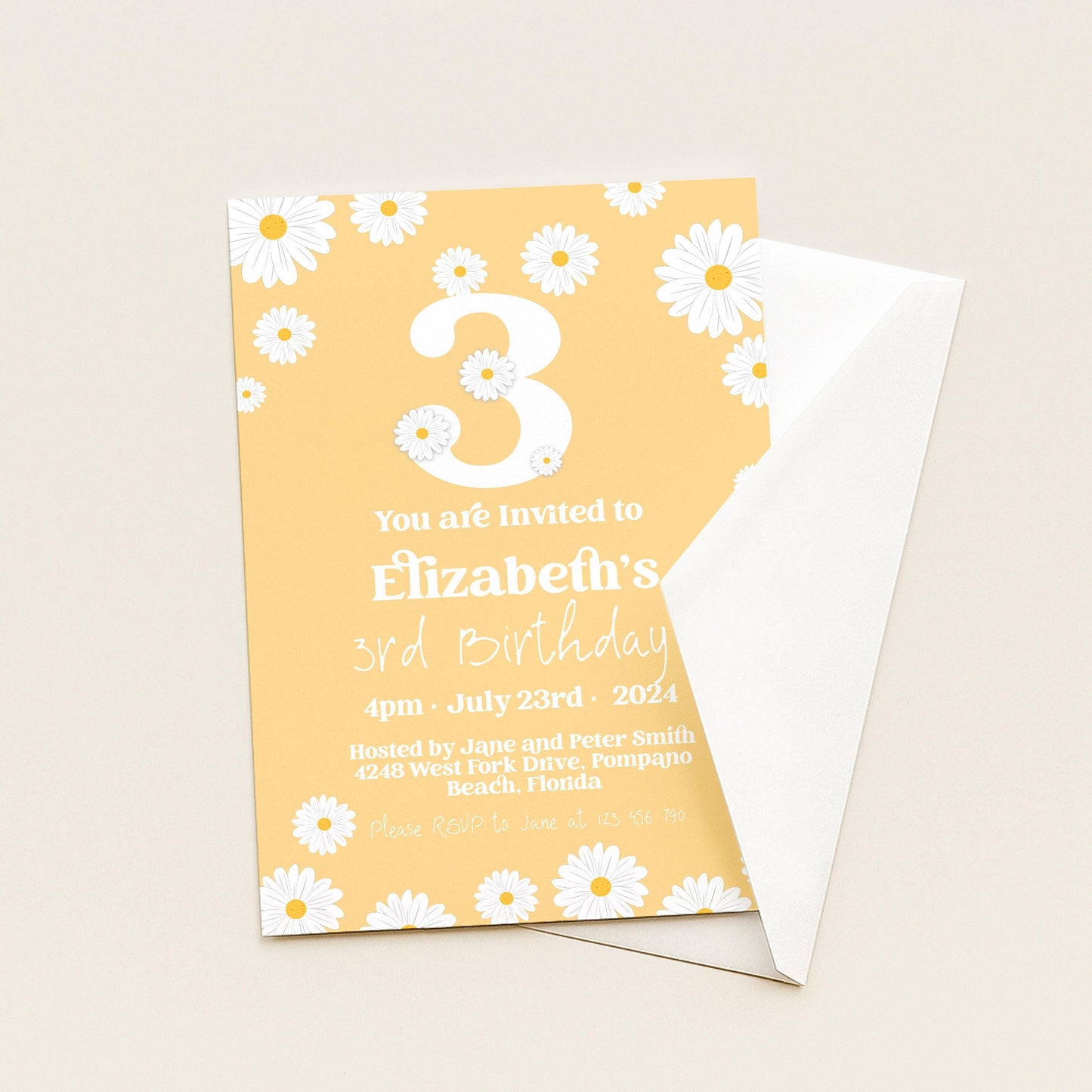 Daisy 3rd Birthday Invitation Template, Editable Yellow Floral Party Invite, Cute Girl’s Spring or Summer Birthday, Digital Download