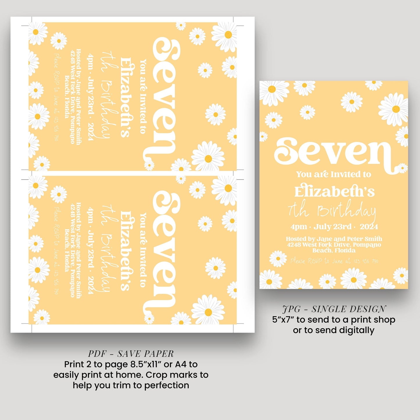 Daisy 7th Birthday Invitation Editable Template Yellow Daisy Invite For Her 7 Year Old Retro Invite Party Celebration Digital Download