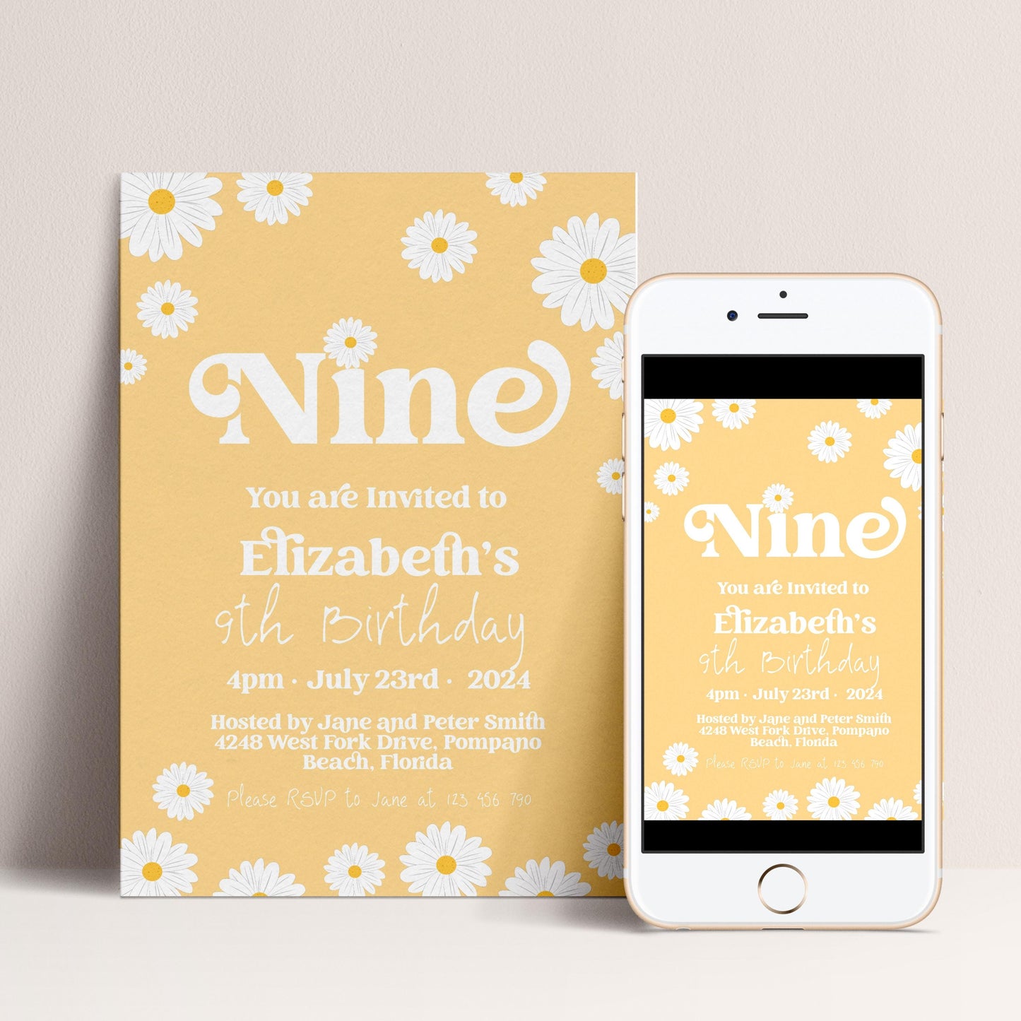 Daisy 8th Birthday Invitation Editable Template Yellow Daisy Invite For Her 8 Year Old Retro Invite Party Celebration Digital Download