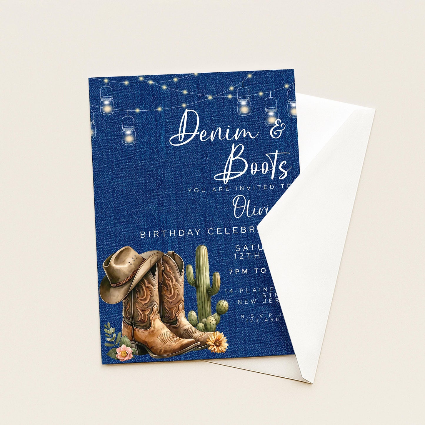 Denim & Boots Editable Birthday Invitation – Rustic Country Western Corjl Template, Cactus Cowgirl Party, Printable Instant Download