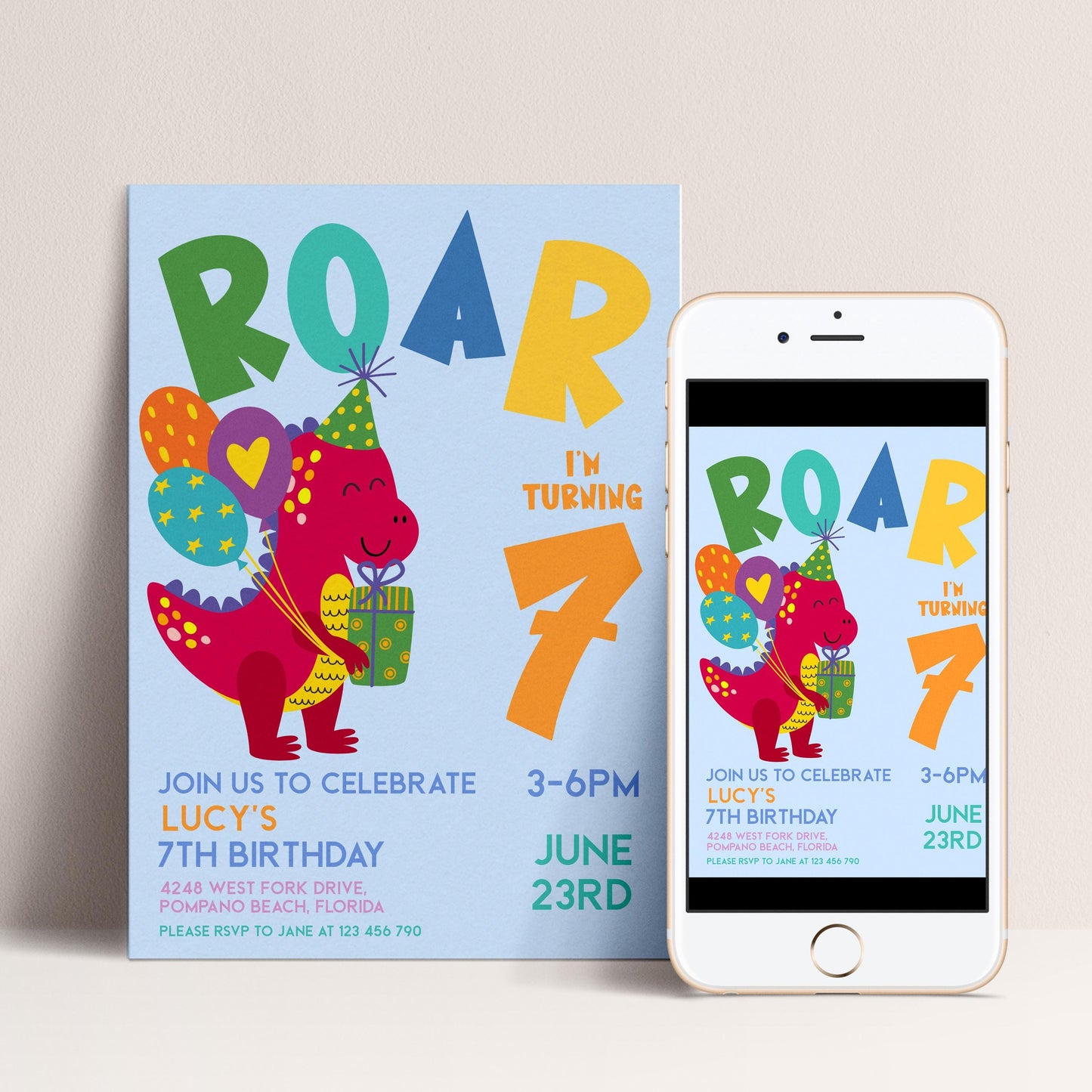 Dinosaur Birthday Invitation Girl or Boy Roar Editable Invite, Dino Party Printable Kids Birthday Corjl Template Change Age Digital Download