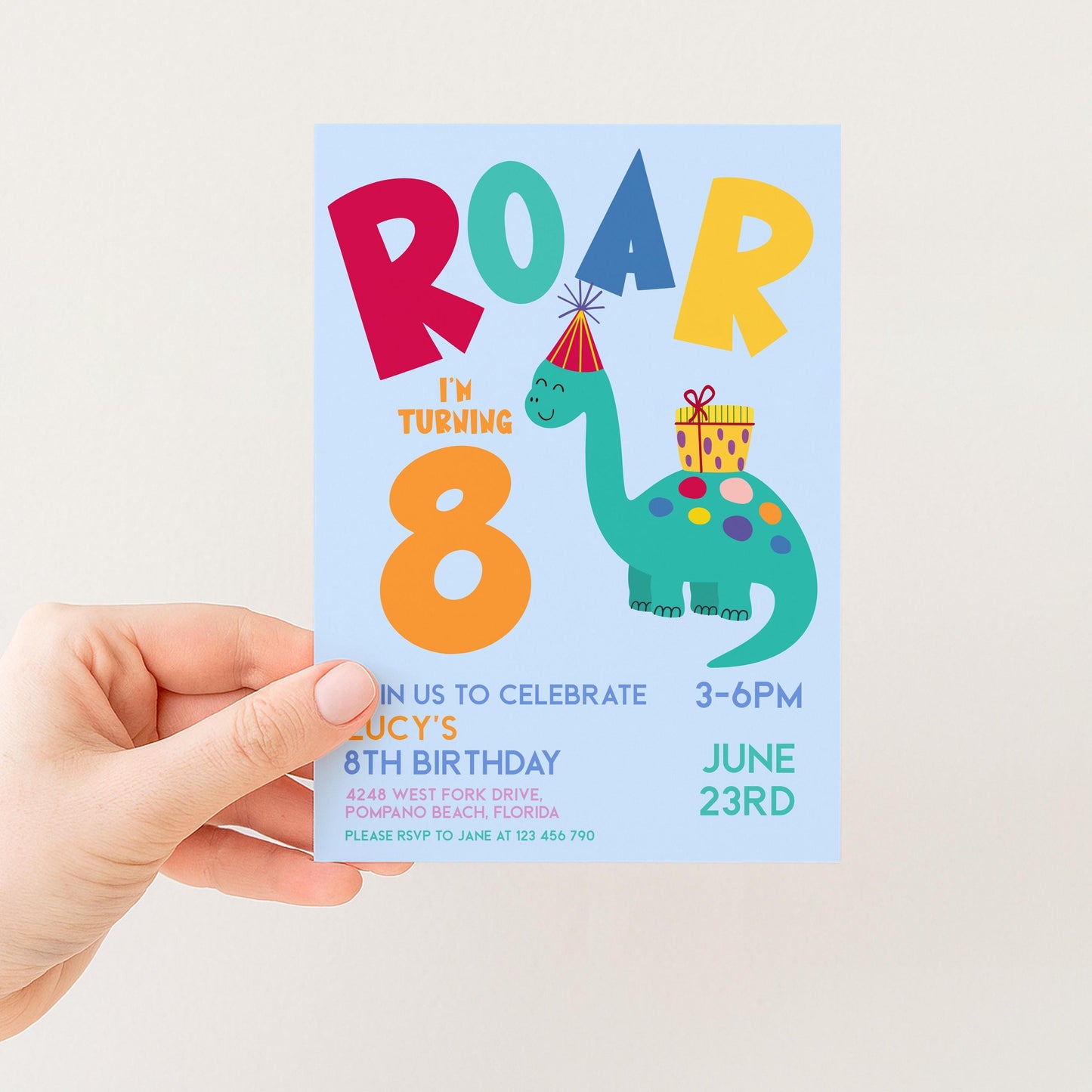 Dinosaur Birthday Invitation, Roar Editable Kids Party Invite, Dino Birthday Printable, Colourful Corjl Template Change Age Digital Download