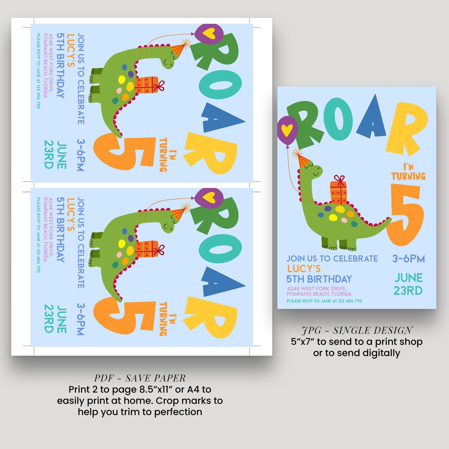 Dinosaur Birthday Invitation, Roar Theme, Editable (Printable 5th Party Invite)