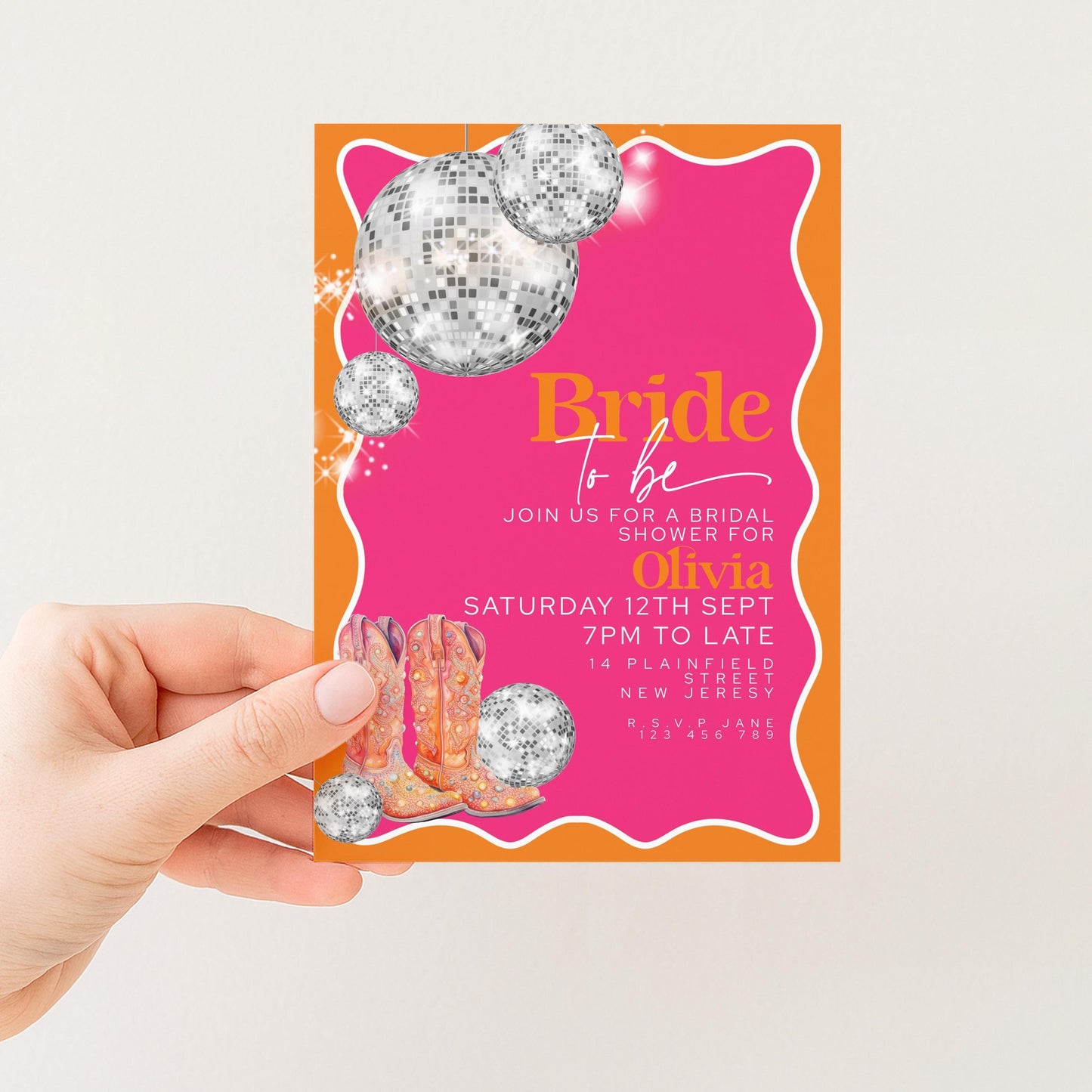 Disco Bridal Shower Invitation Editable Pink and Orange Wave Design with Silver Disco Balls and Cowboy Boots for Hen Do Printable Digital