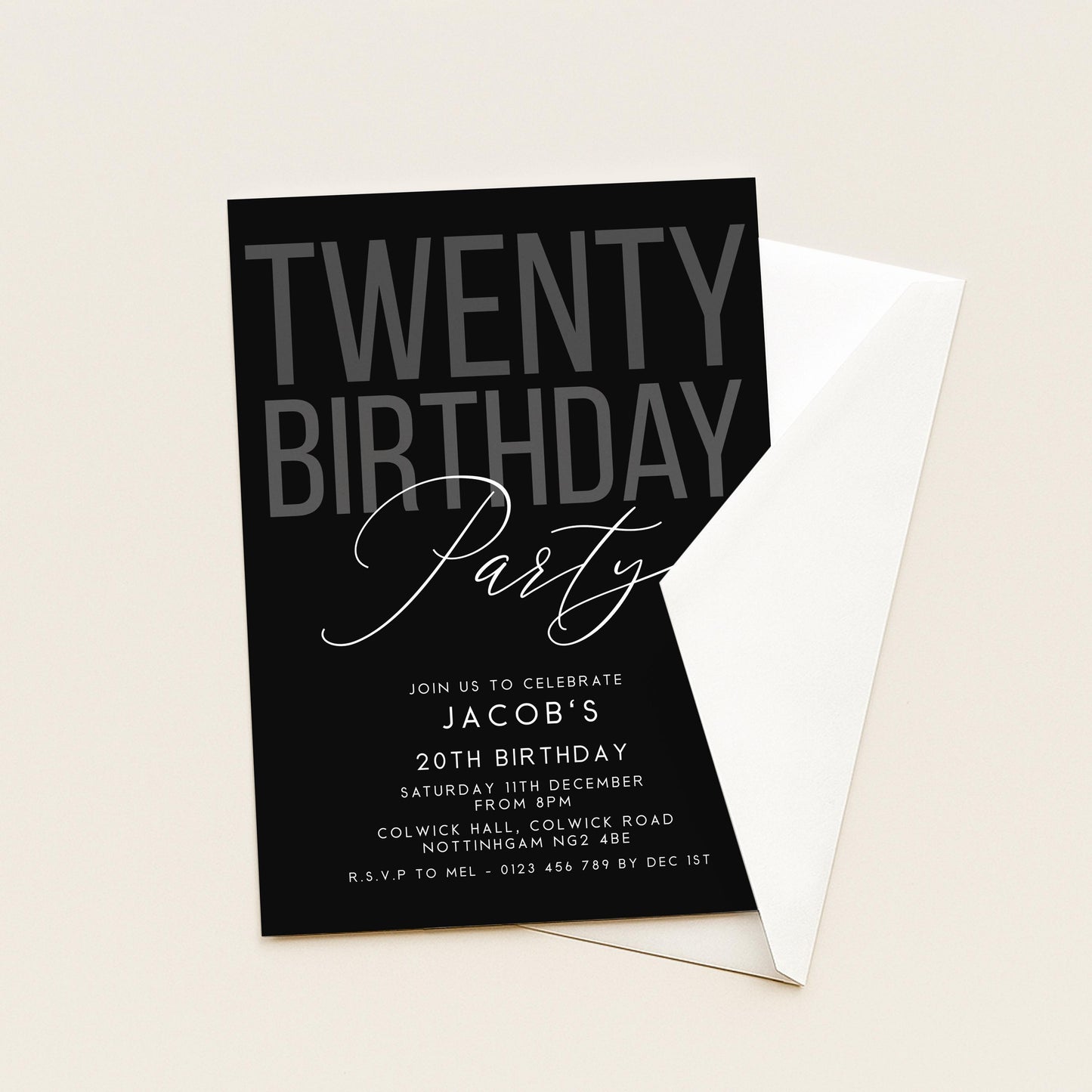 Editable 20th Birthday Invitation, Editable Black Twenty Party Invite, Mens Adult Invitation Template, 20th BirthdayPrintable Template