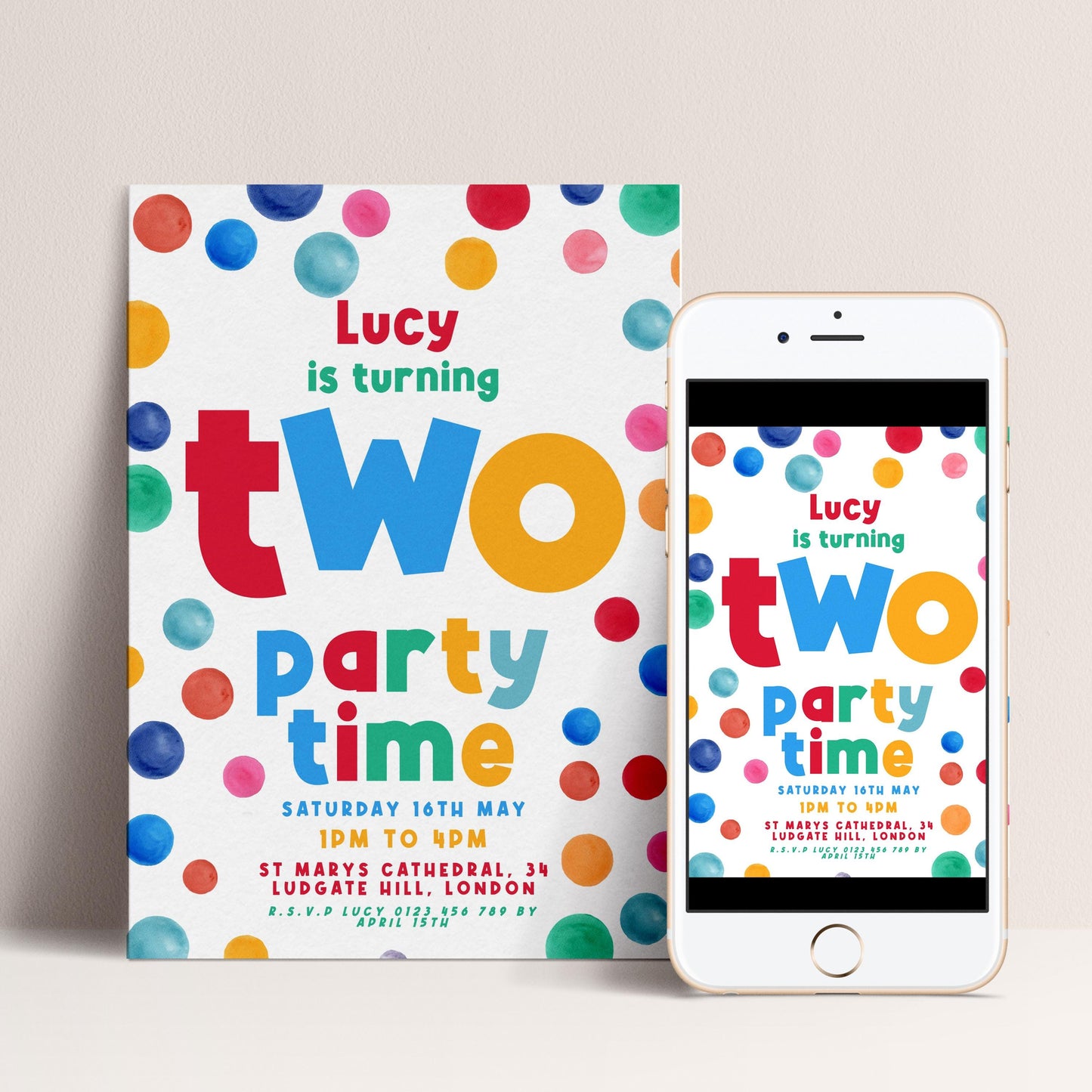 Editable 2nd Birthday Invitation Multi Coloured Two Years Old Polka Dot Invitations Digital Spot Theme Invites Instant download DTS8