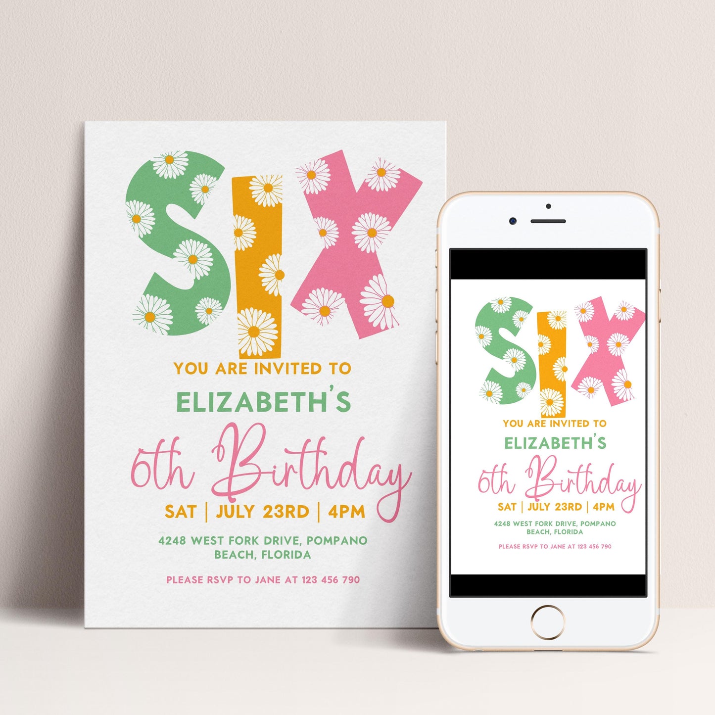 Editable 6th BirthdayDaisy Invitation Template Downloadable Daisy Invite For Six Year Old Retro Invite Party Celebration Digital Download