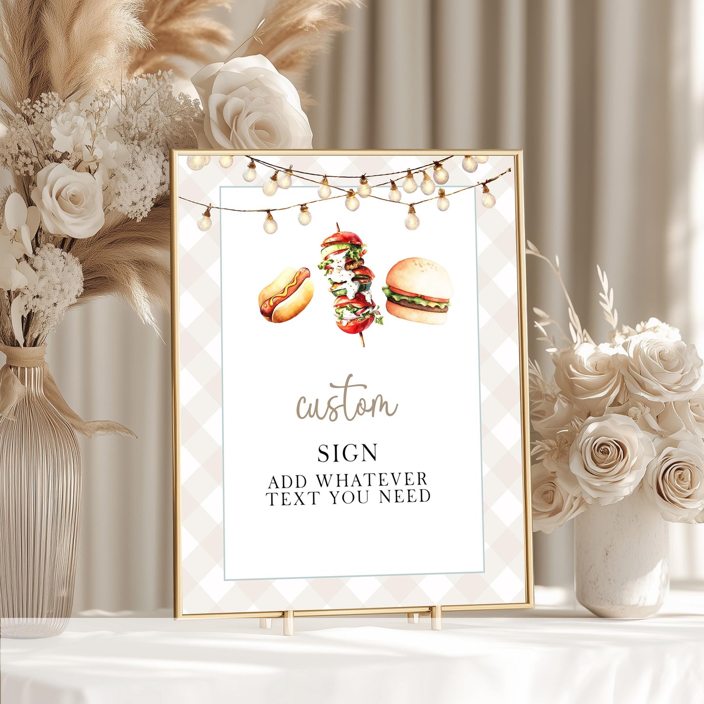 Editable BBQ Party Sign, Custom Summer Barbecue Sign Template, Hot Dog Burger Skewer Theme, Printable Outdoor Party Decor, Both Sizes BQ20